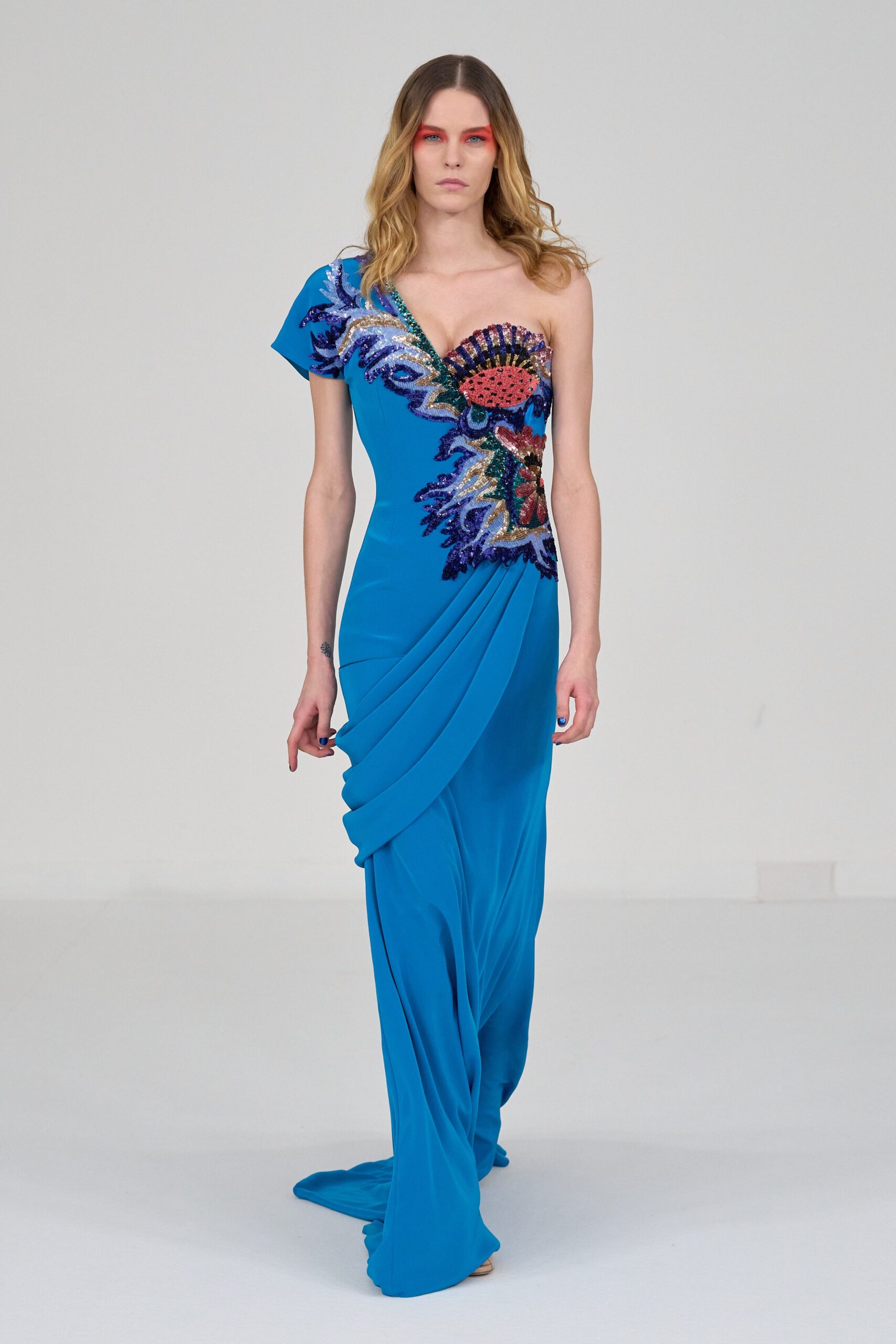 blue silk fitted gown