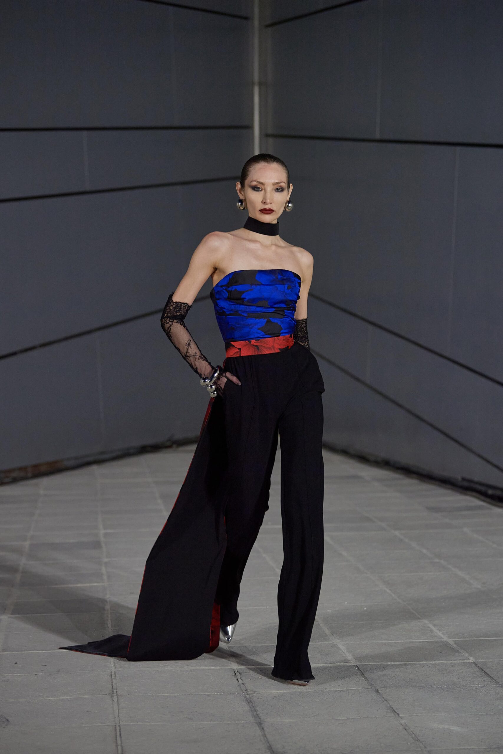 blue floral strapless top with tailored pants