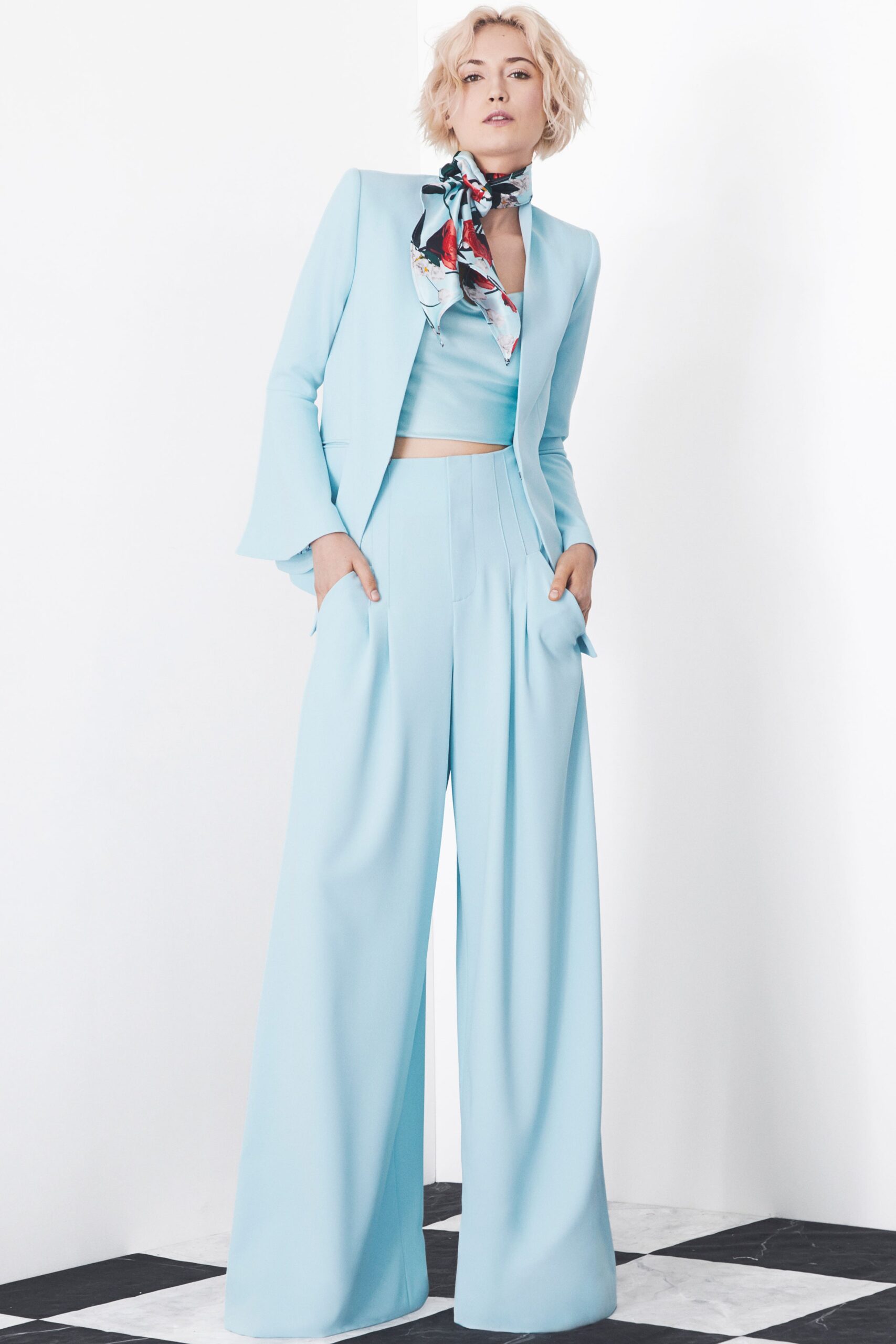 blue tailored blazer and wide-leg pants