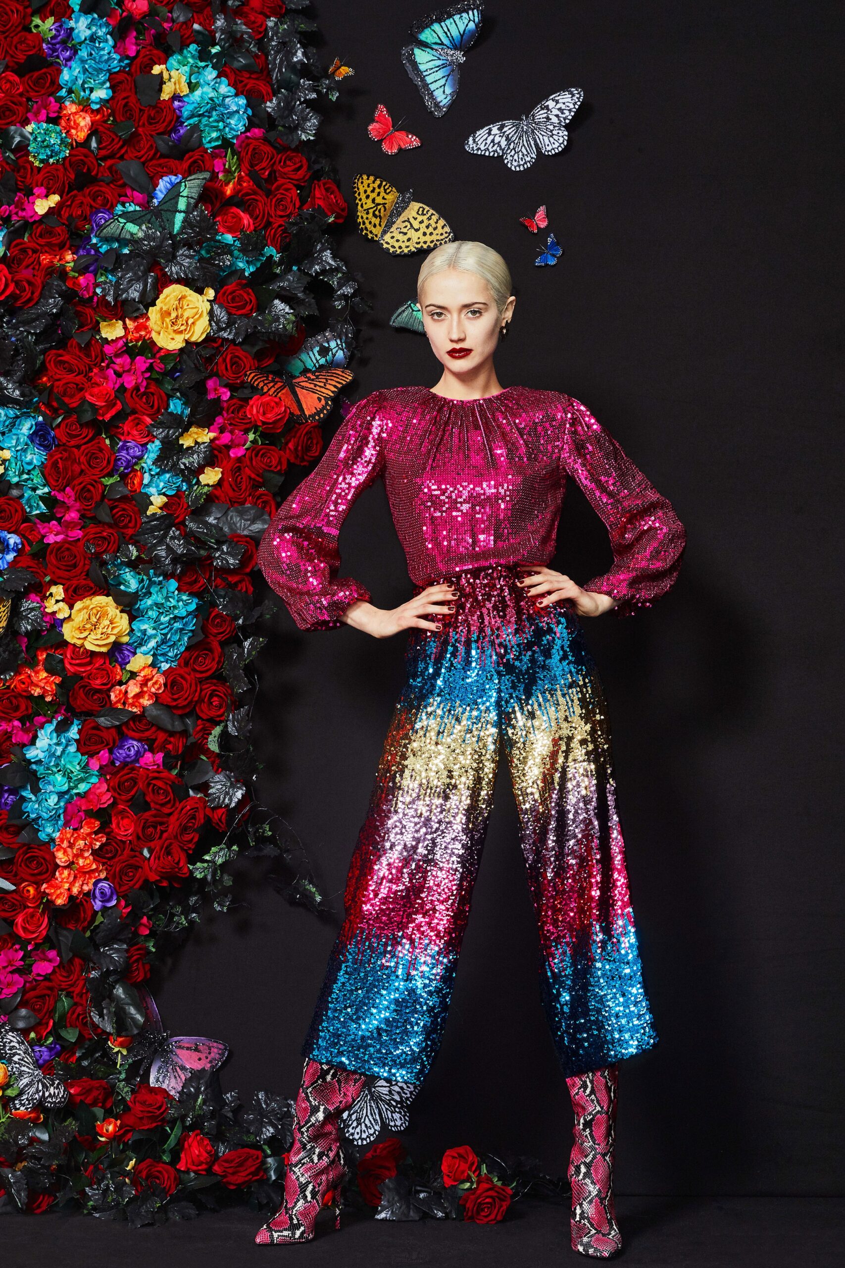 pink sequin top with multi sequin pants