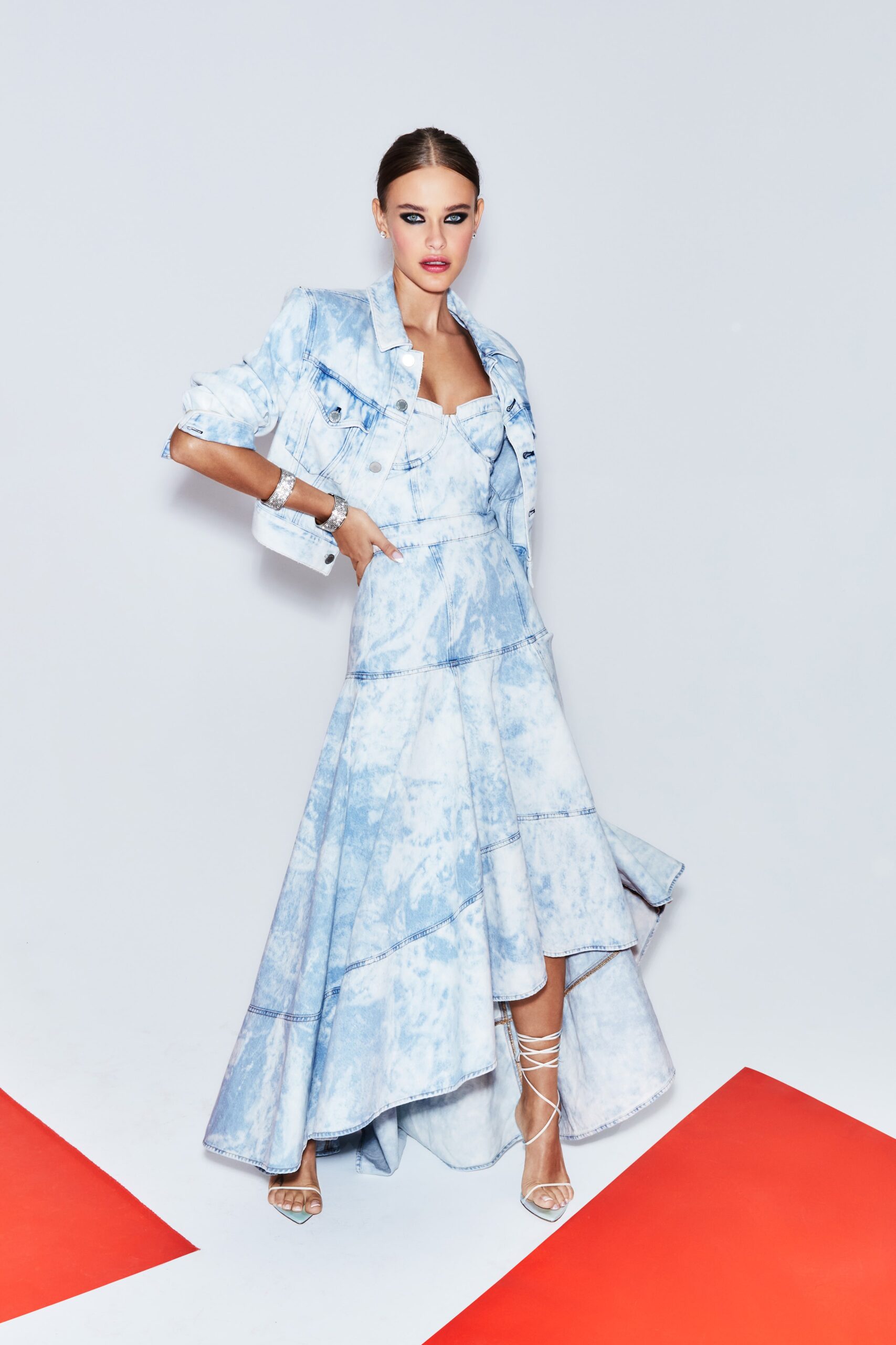 blue denim sleeveless v-neck fitted tiered maxi dress