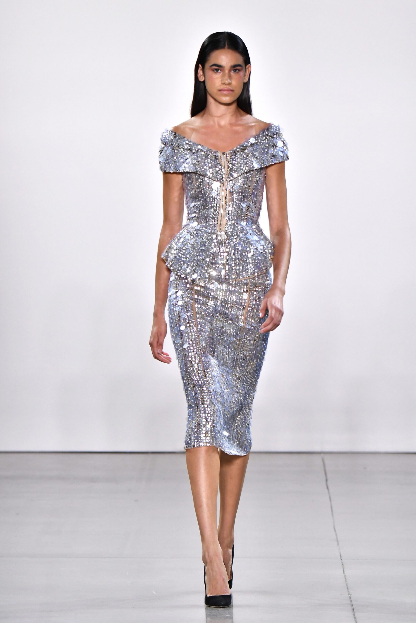 fitted silver sequin off-shoulder dress