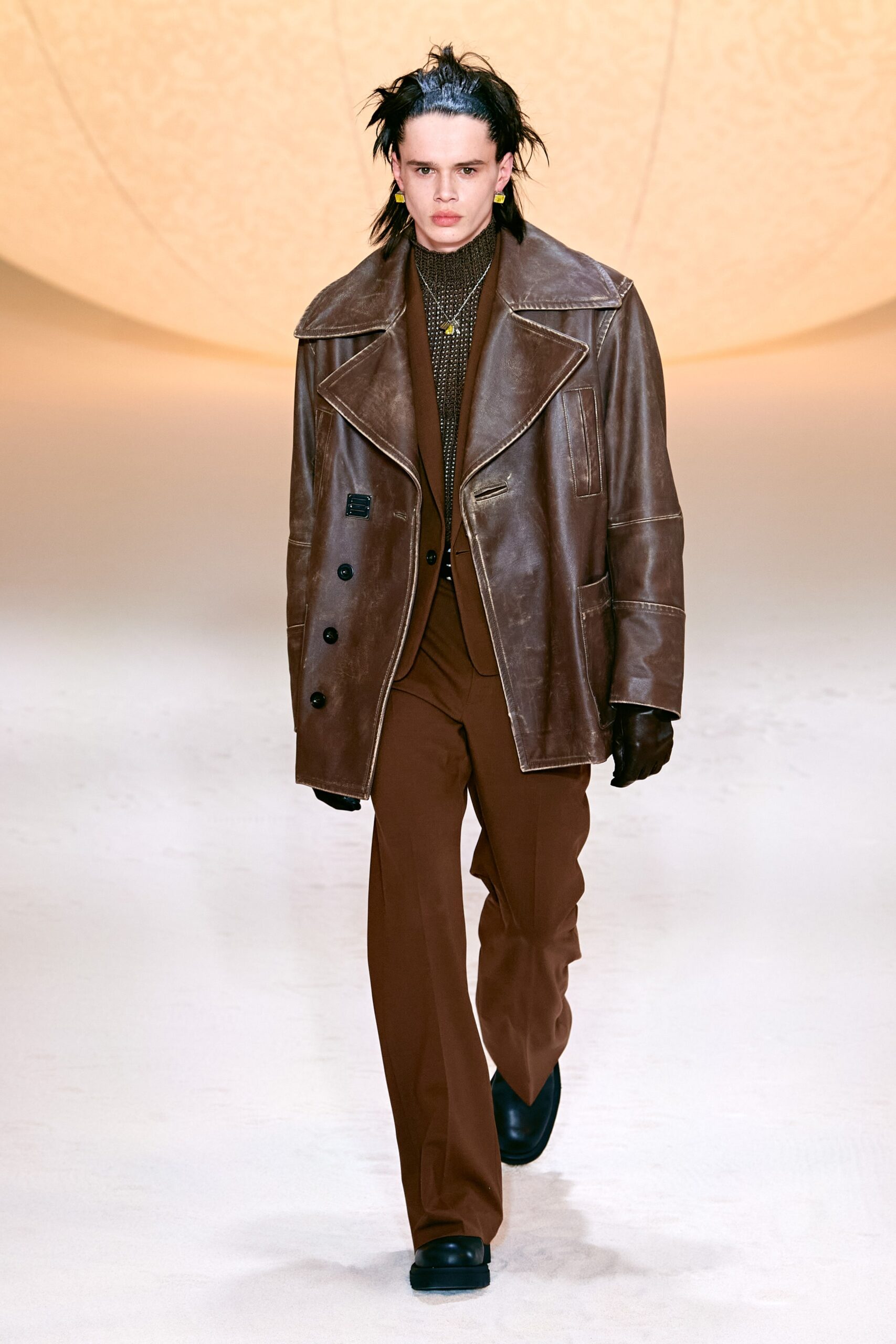 brown leather long-sleeve collared oversized buttoned jacket