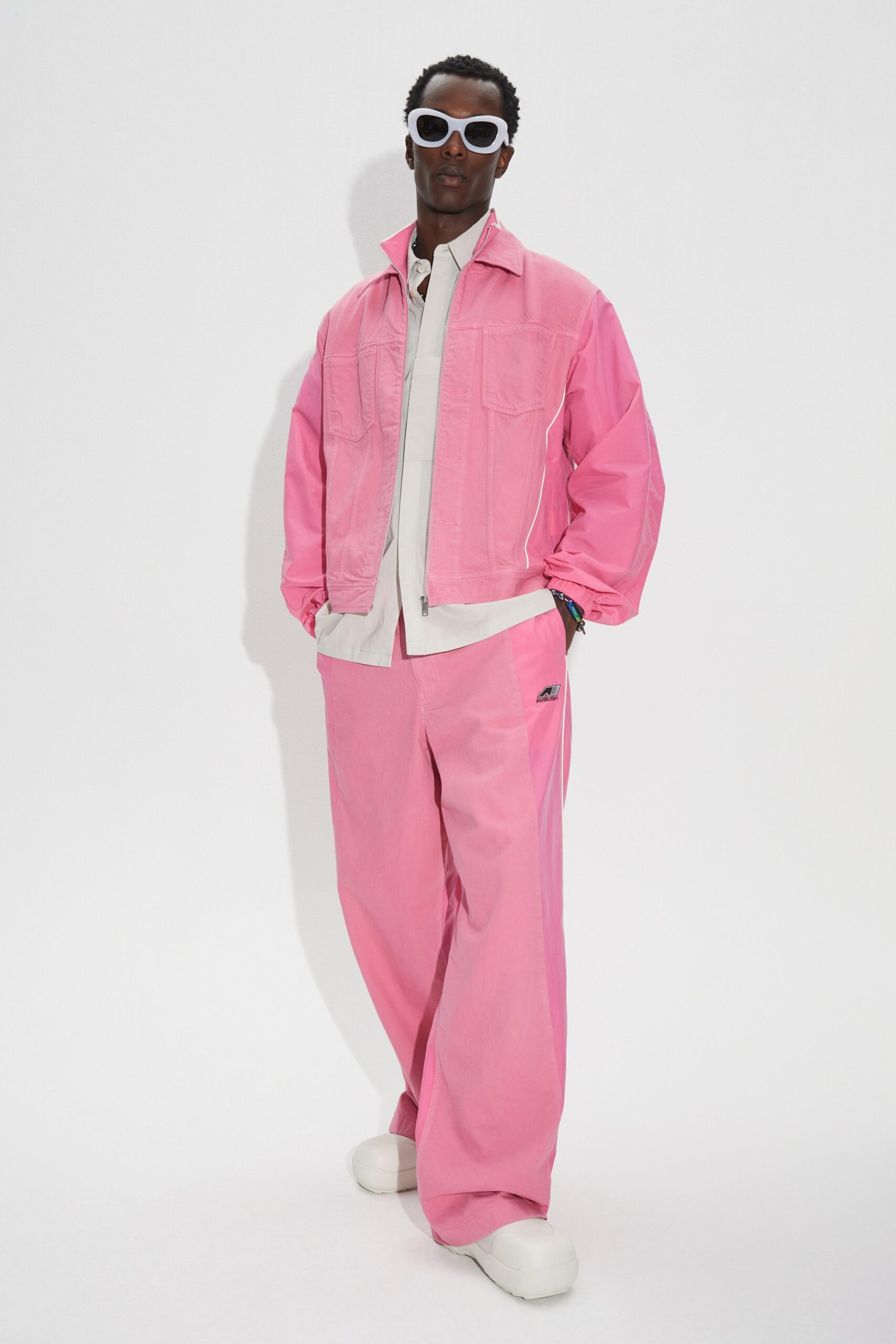 pink cotton long-sleeve collared oversized buttoned jacket
