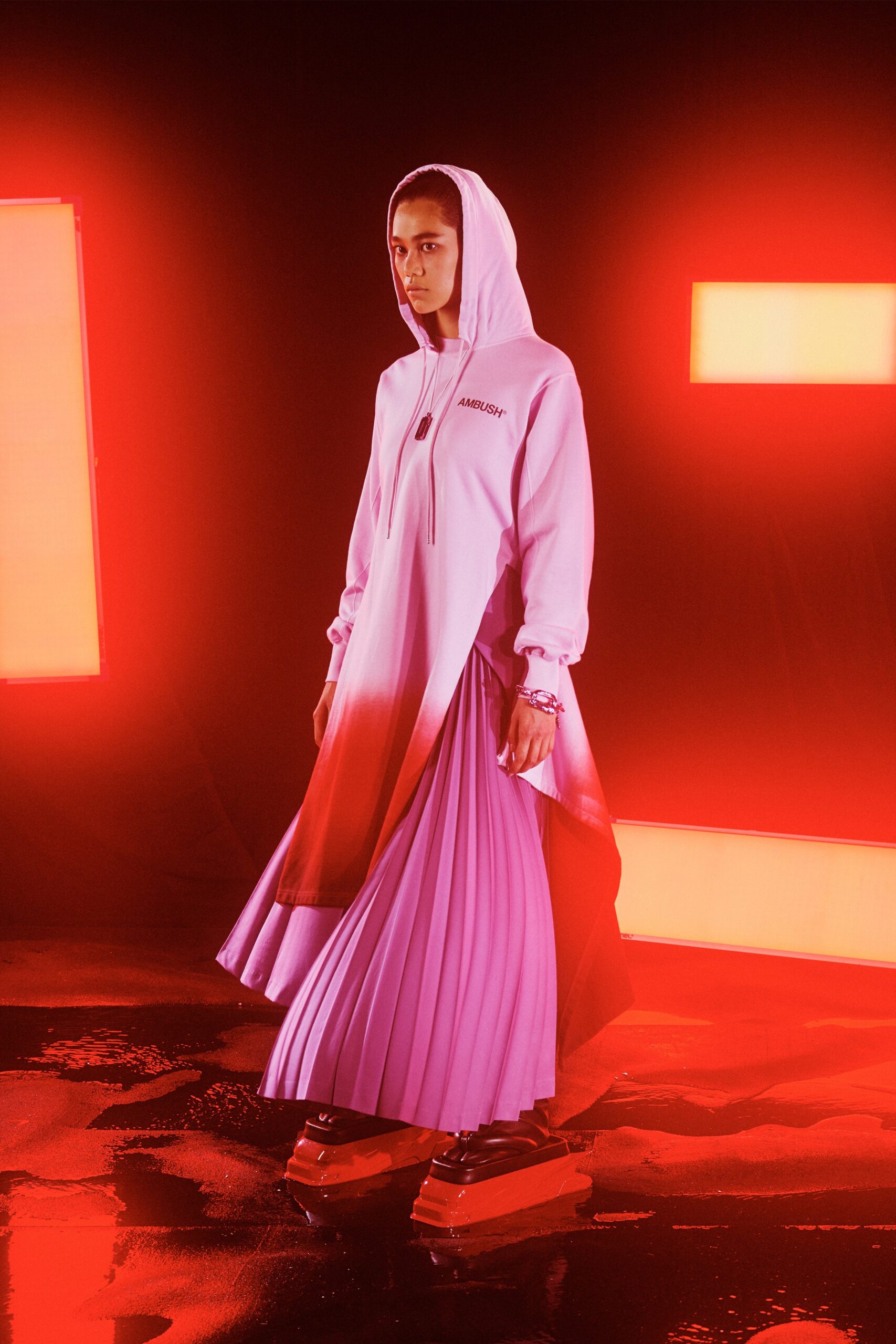 pink silk fitted pleated a-line flowing midi skirt