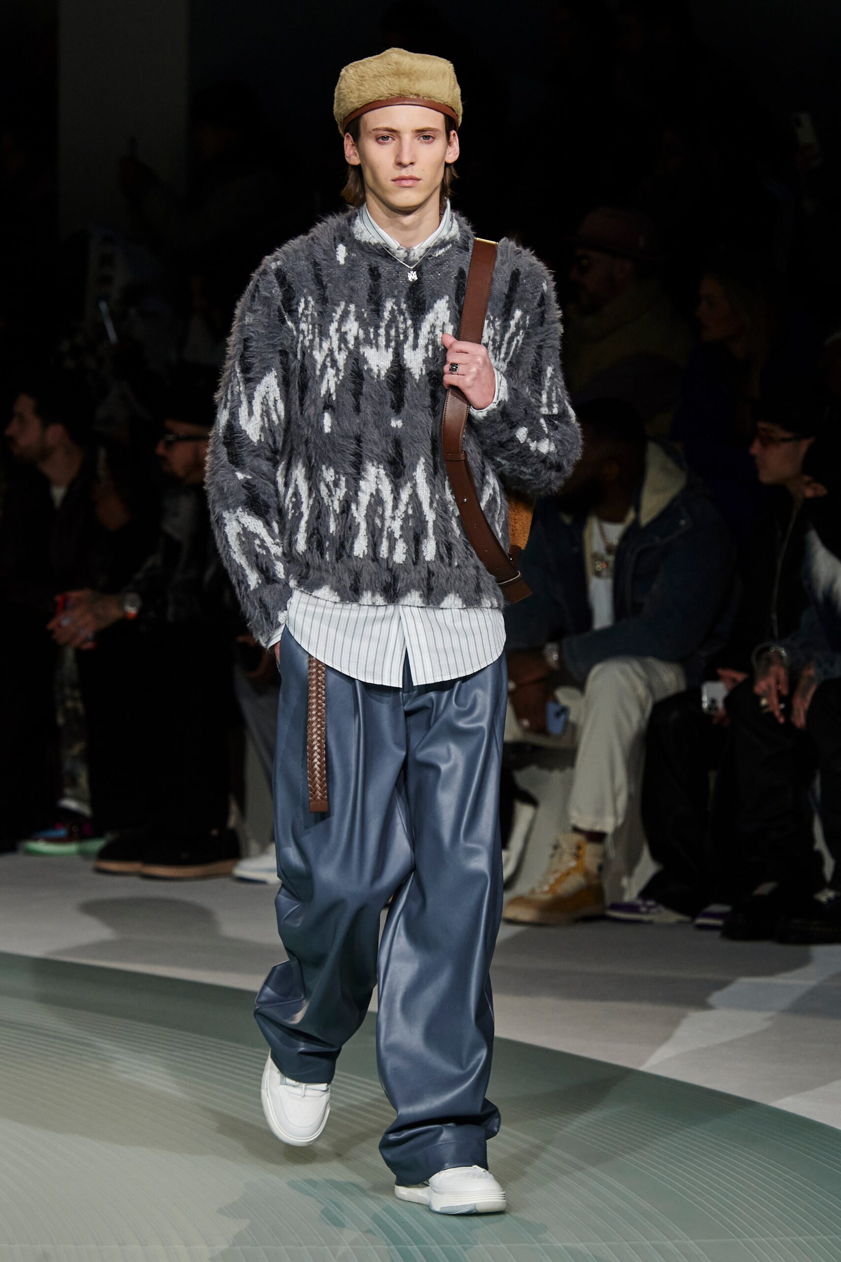 gray wool sweater with blue pants