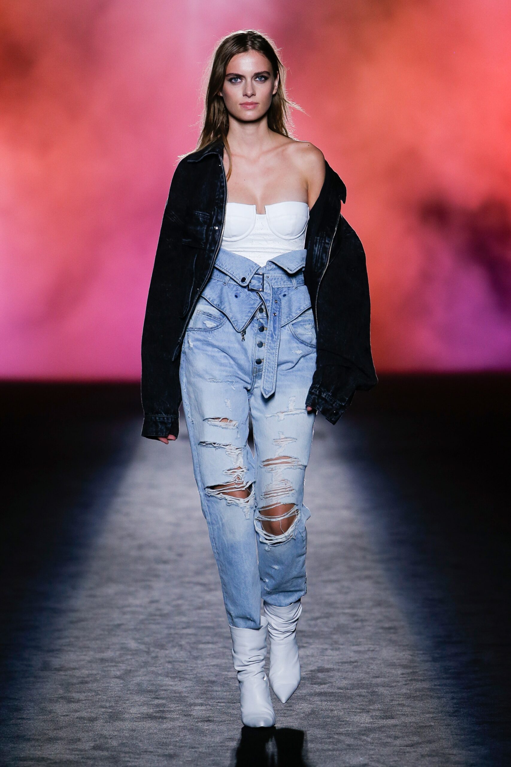 black denim oversized jacket with white bustier