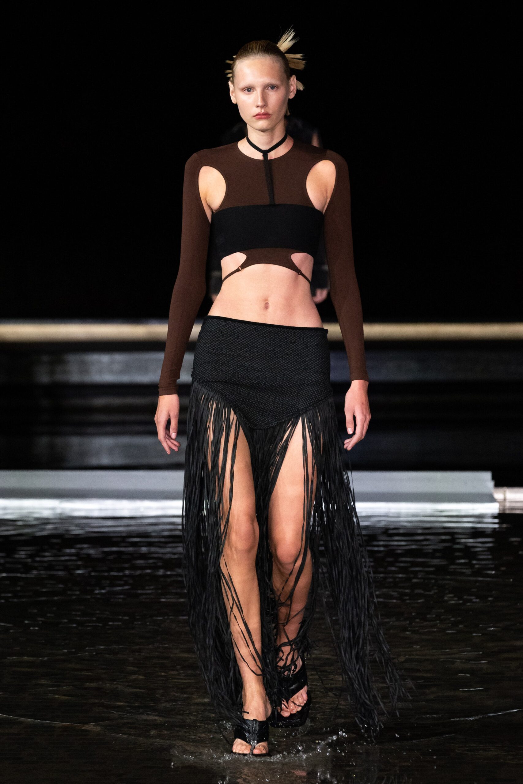 fitted brown and black top with fringed skirt