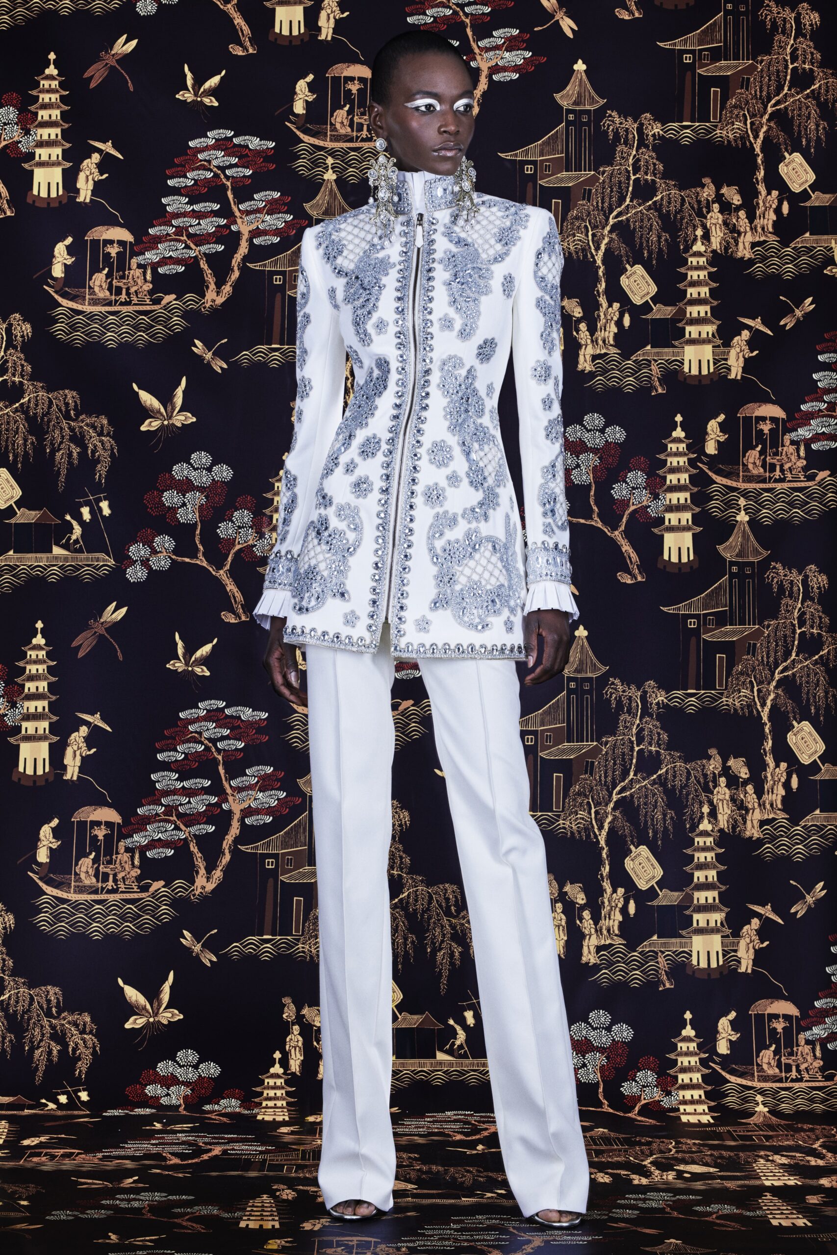 white embroidered silk blazer and pants