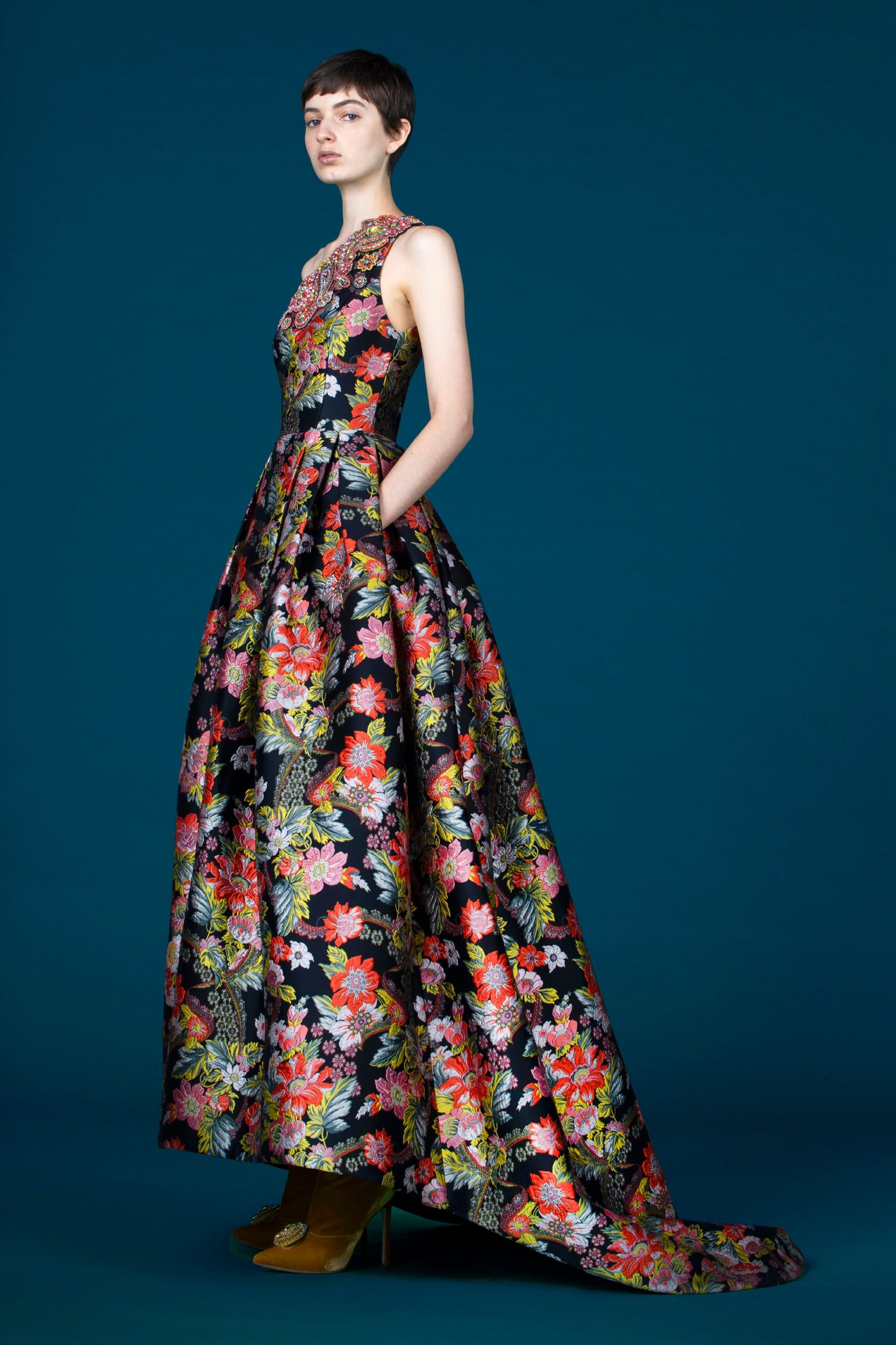 black silk embroidered gown