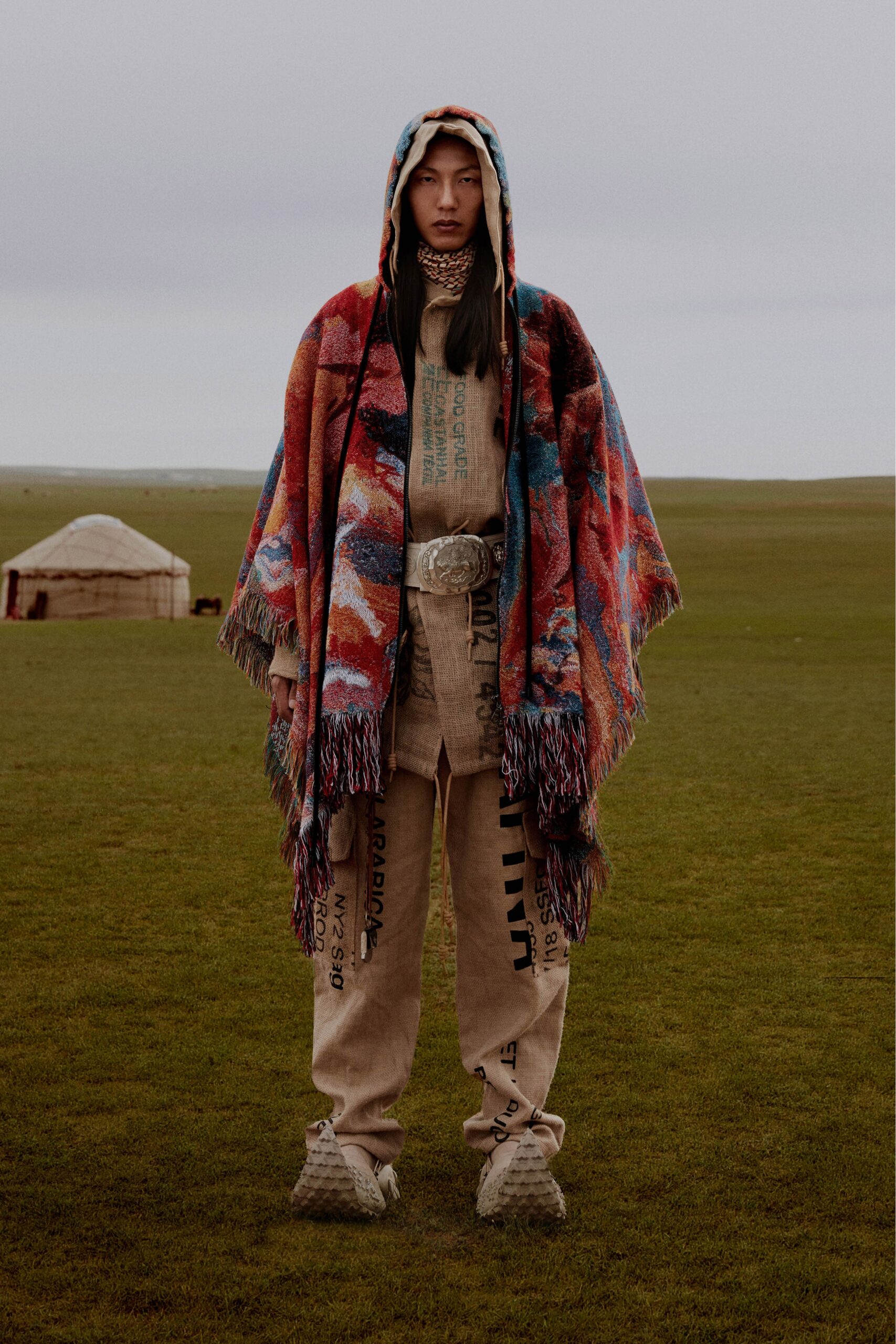 multi wool sleeveless hooded relaxed fringed poncho
