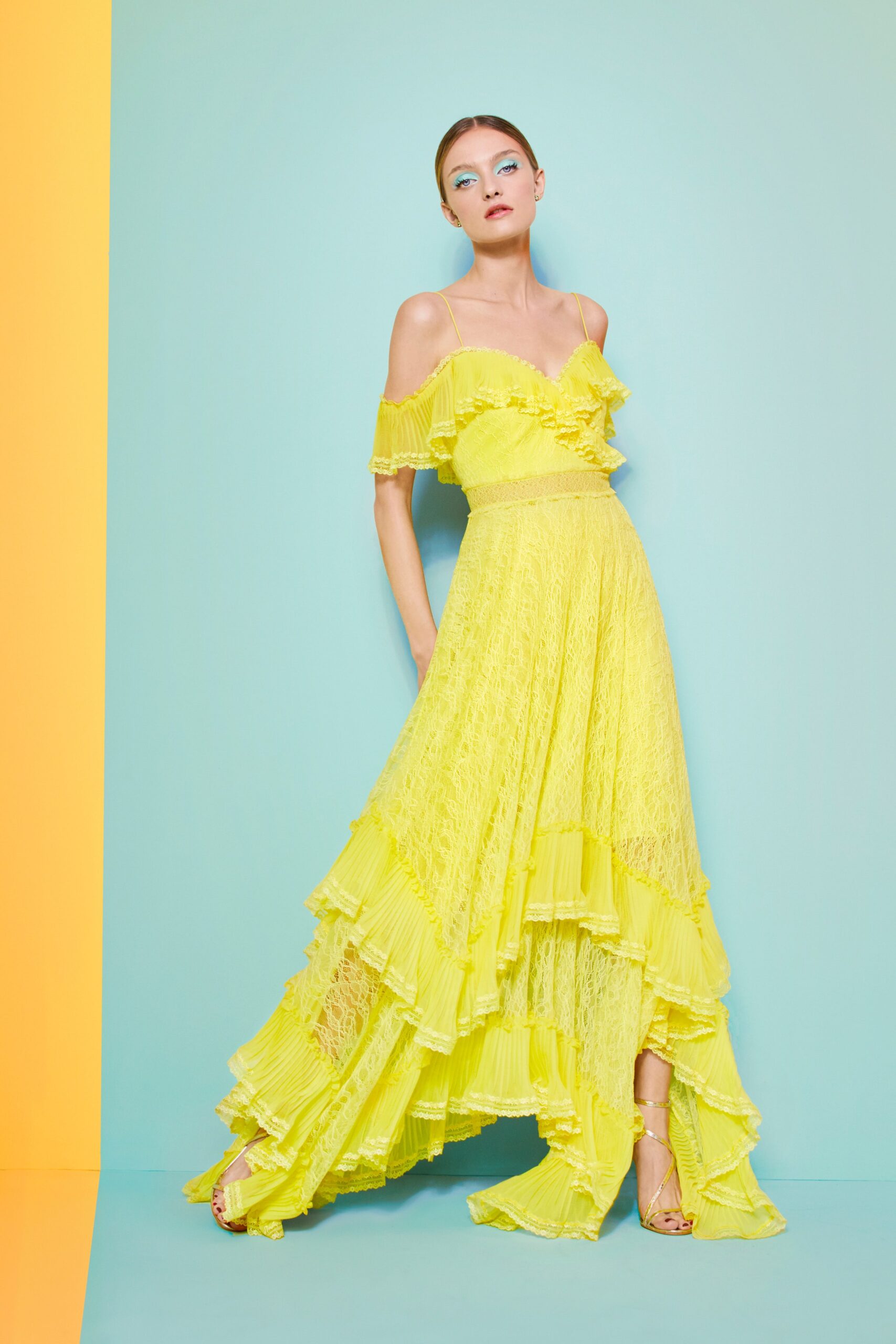 yellow silk off-shoulder gown