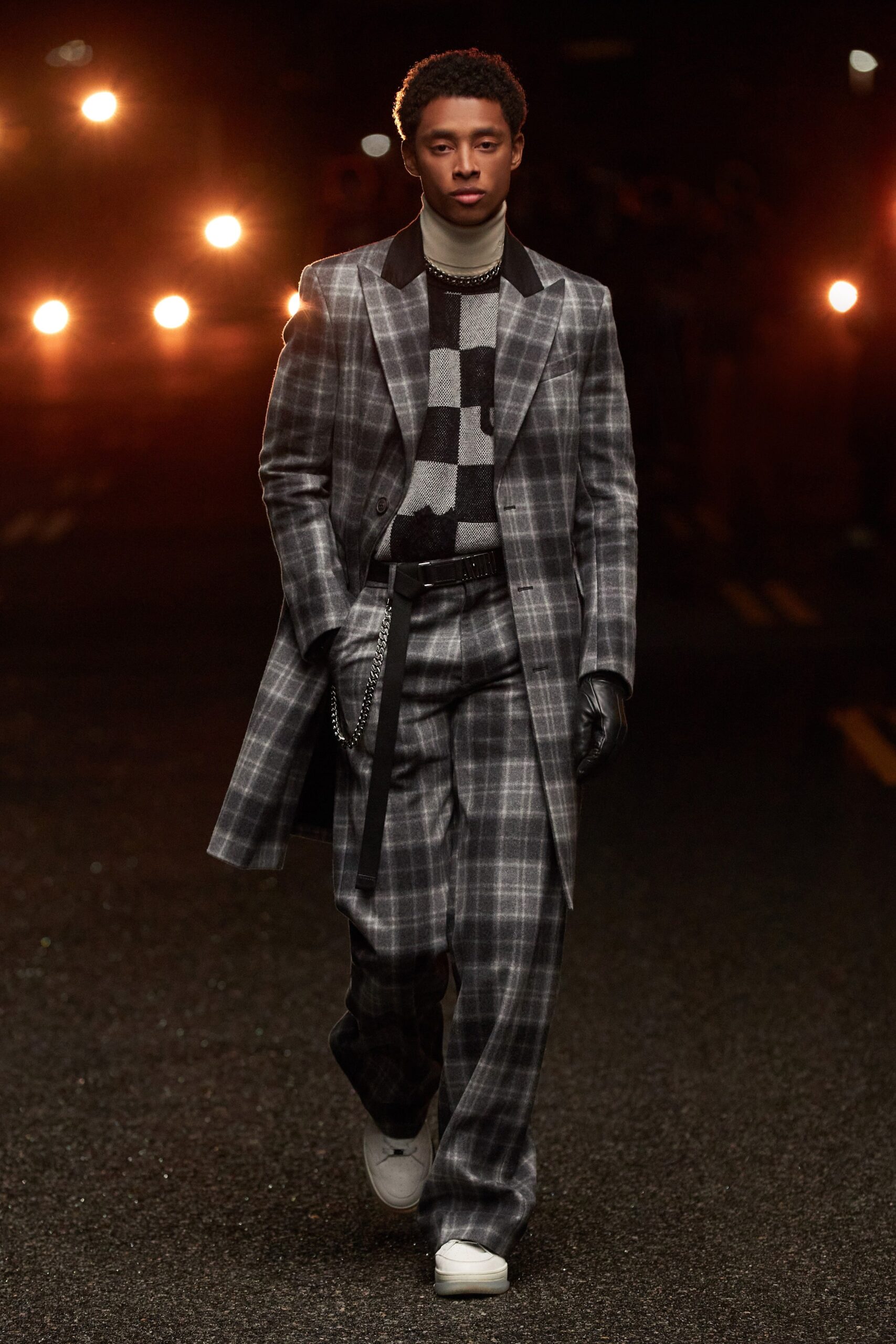 gray checked coat and pants