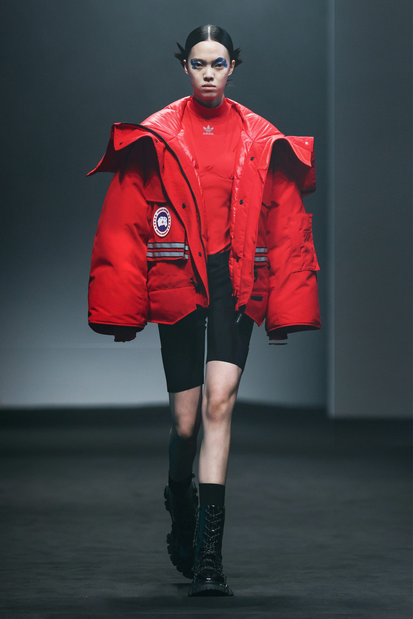 red vinyl long-sleeve collared oversized zippered jacket