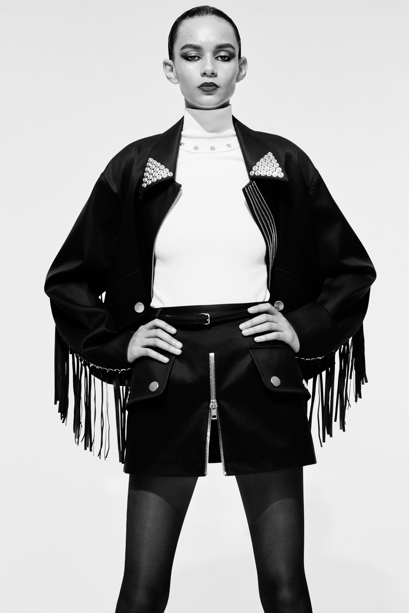 black oversized jacket with fringe