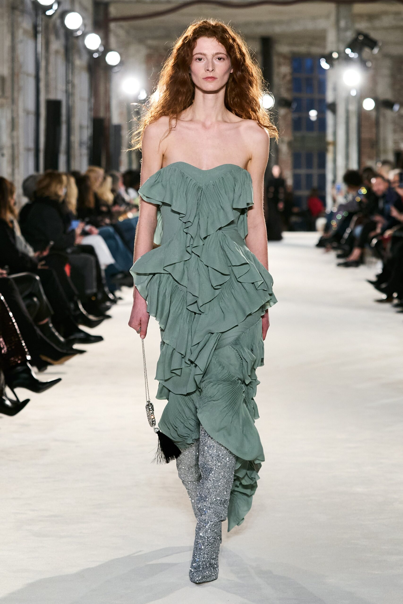 green silk strapless fitted ruffled flowing midi dress