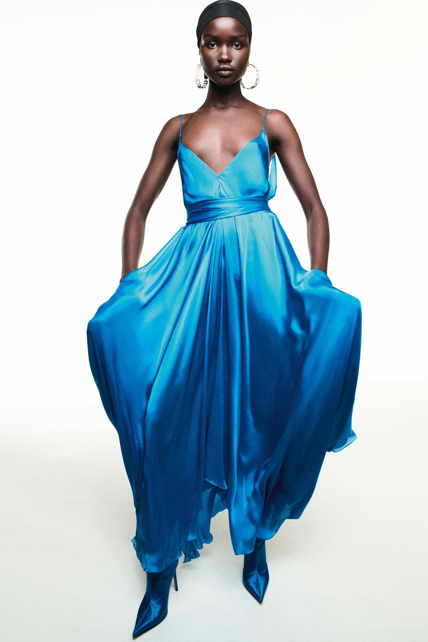 blue silk flowing gown