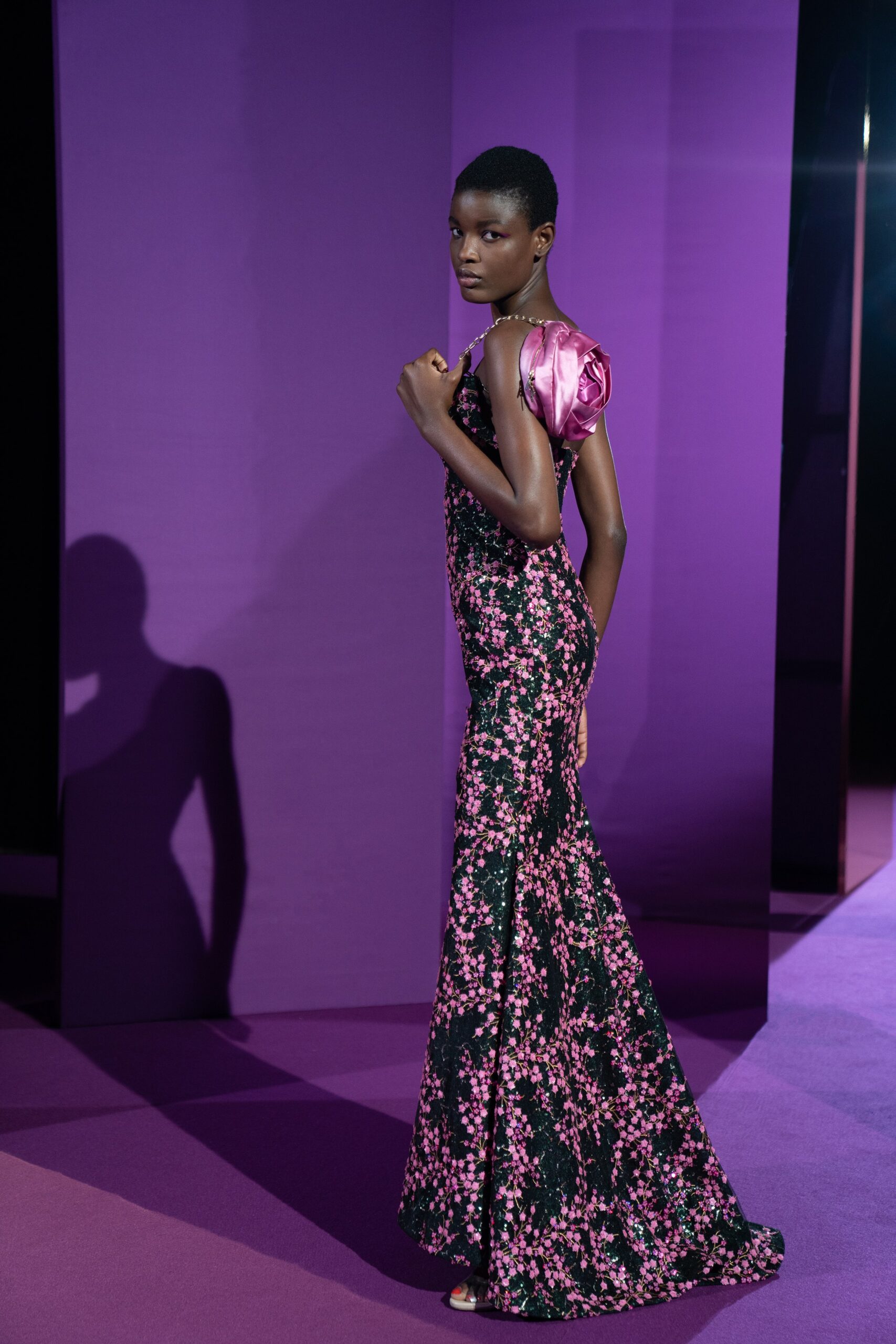 black and pink embroidered gown