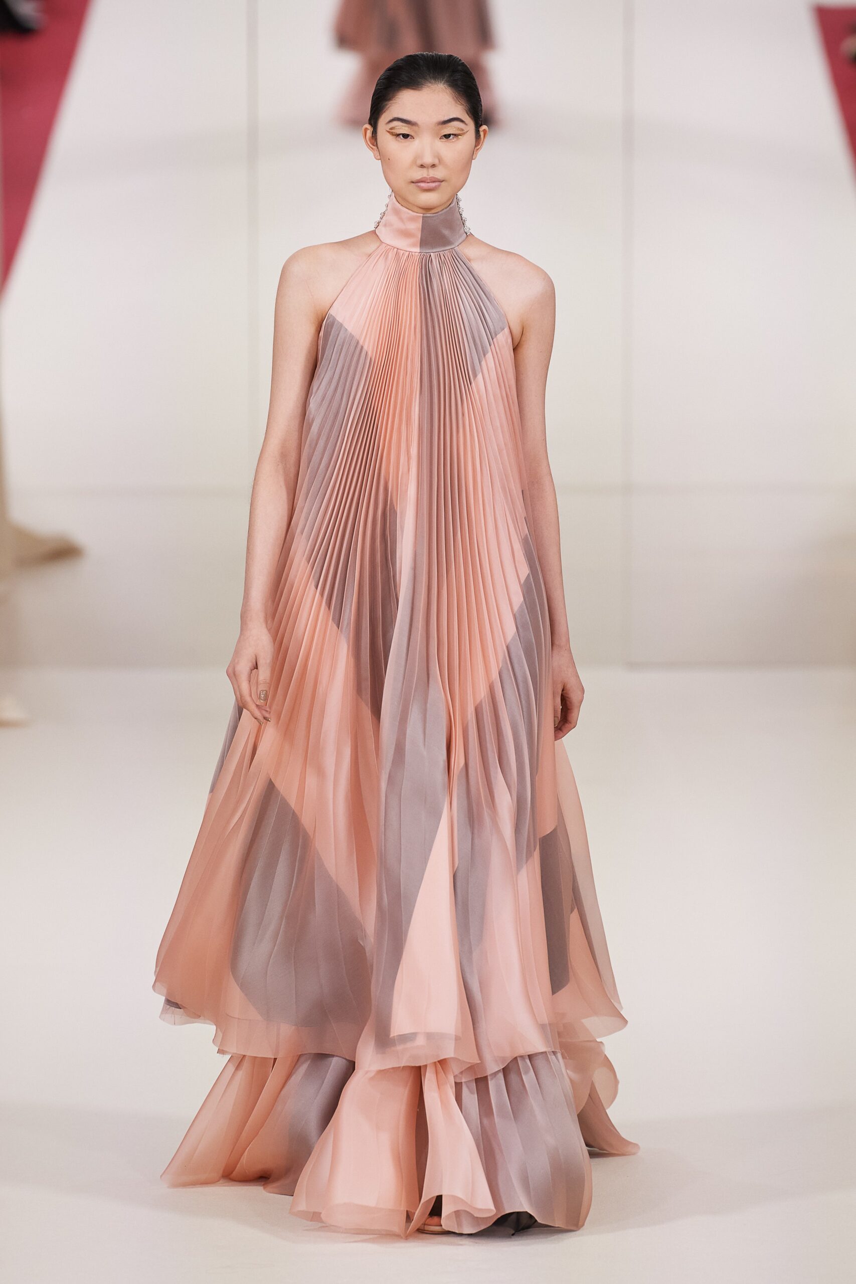 pleated pink and gray gown