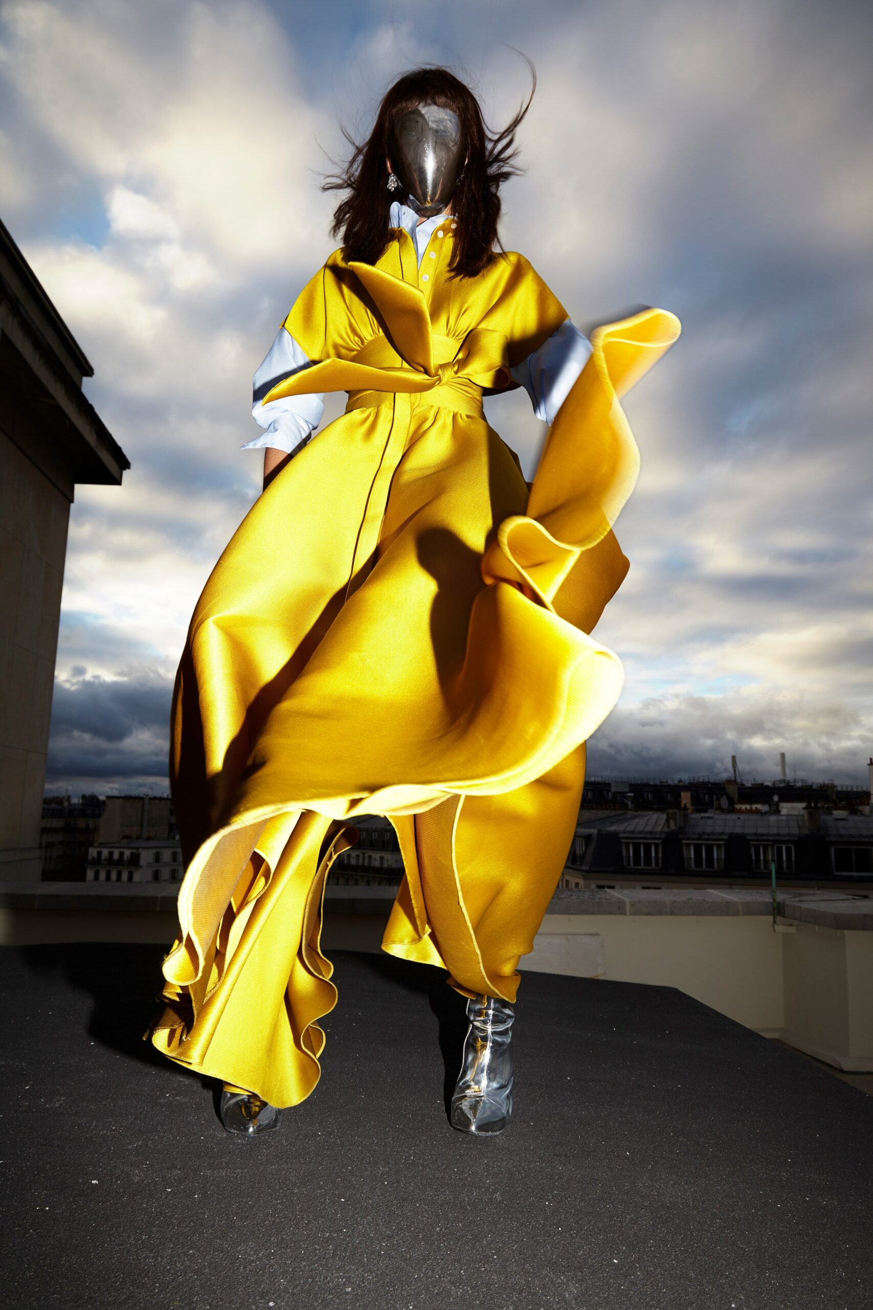 yellow silk draped maxi dress