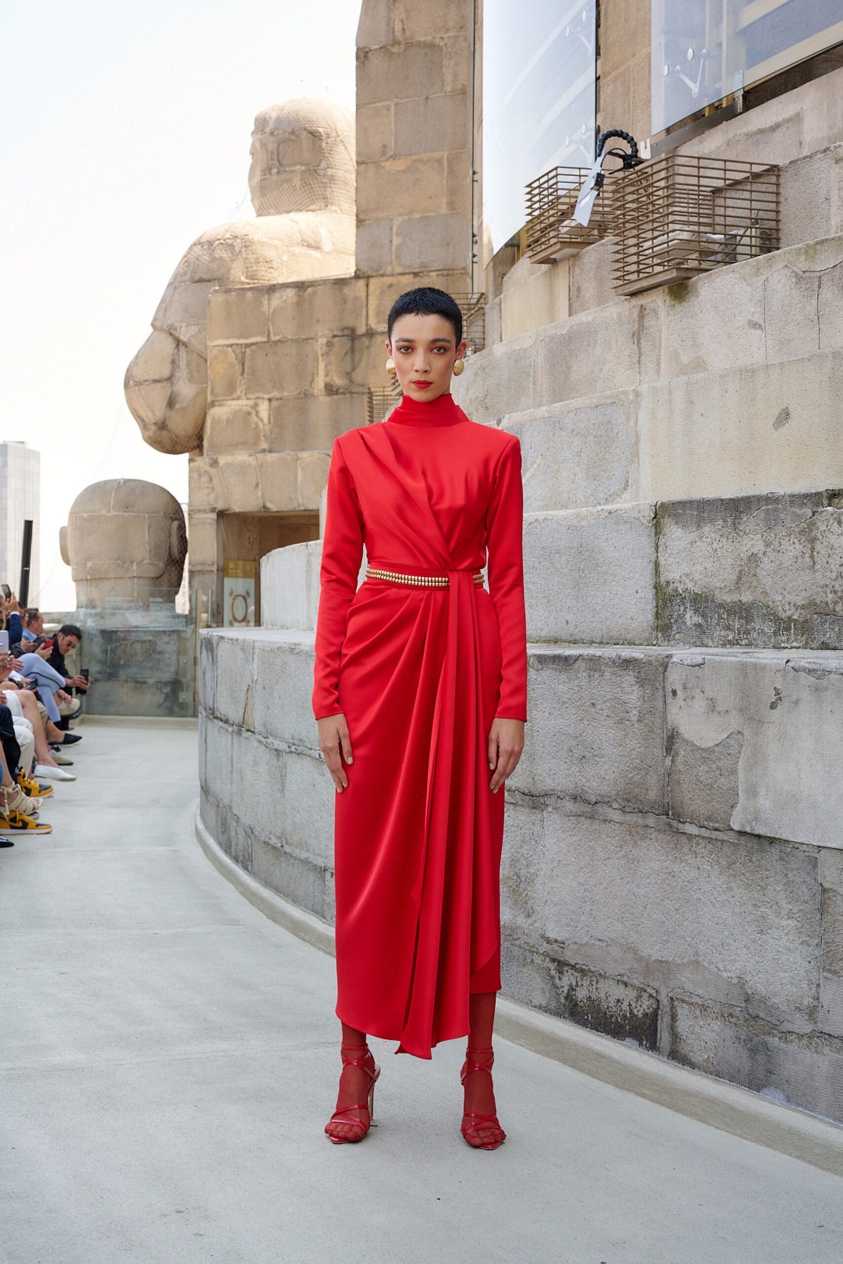 fitted red silk midi dress