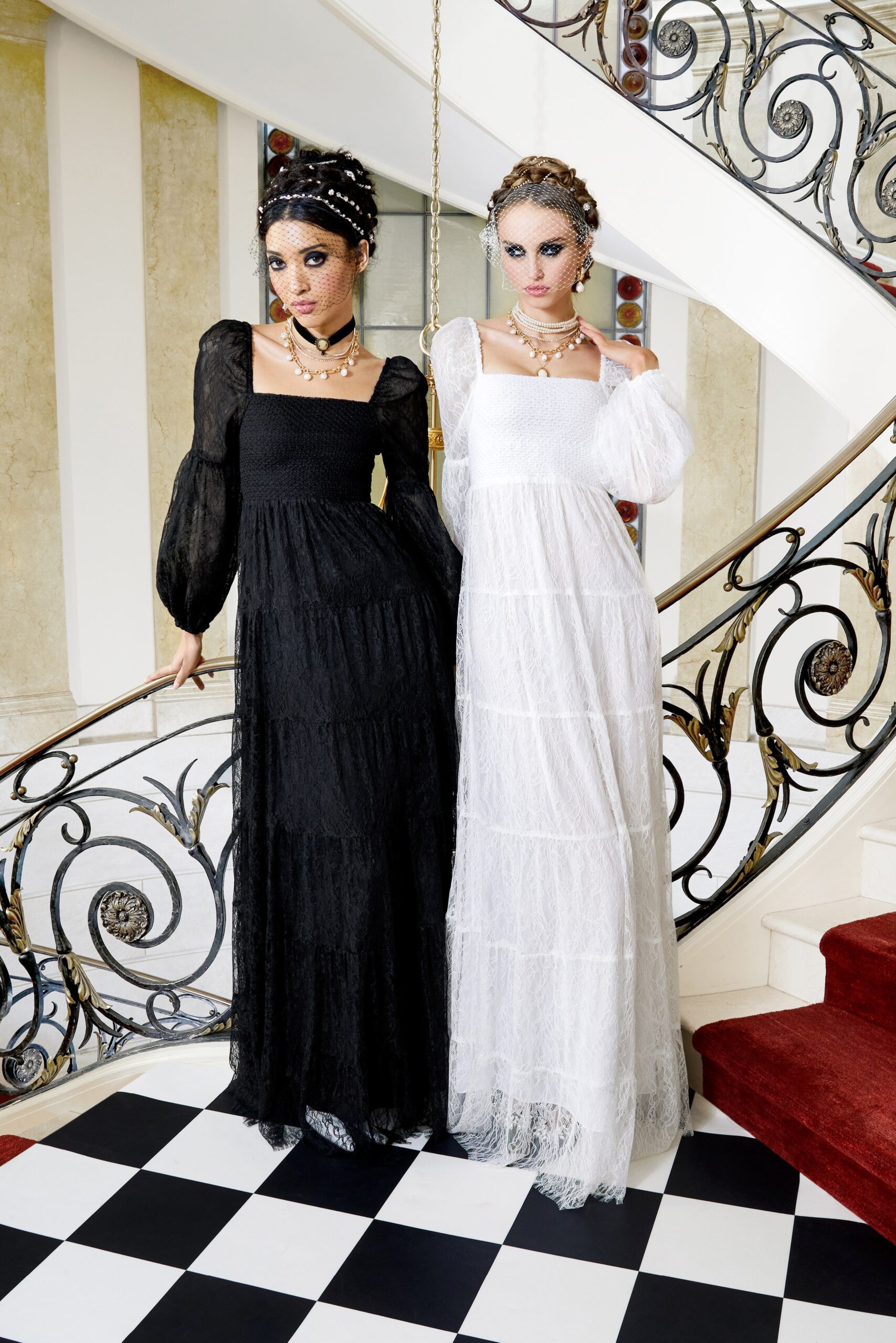 black lace long-sleeve square-neck fitted tiered flowing dress