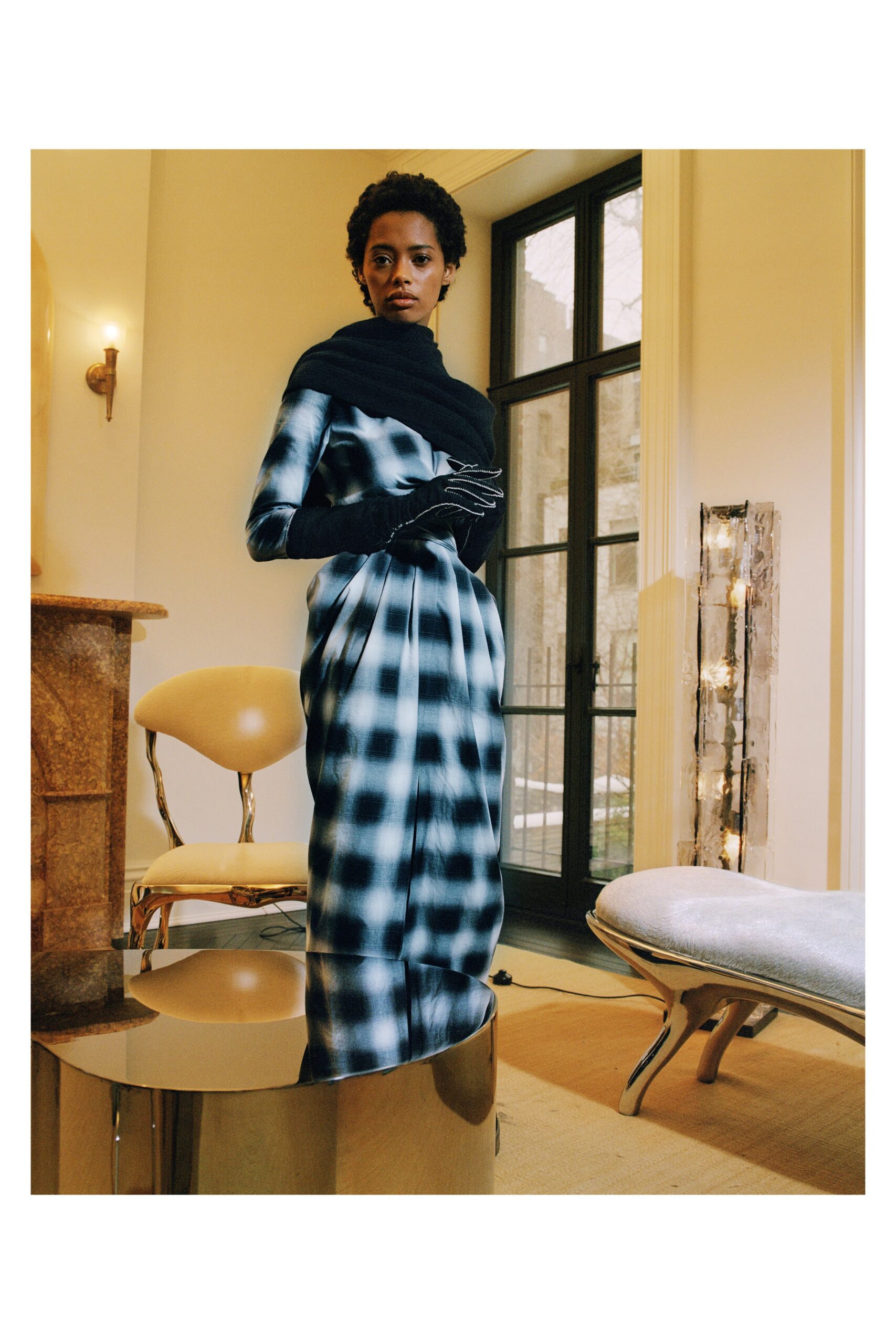 black and blue pleated midi dress