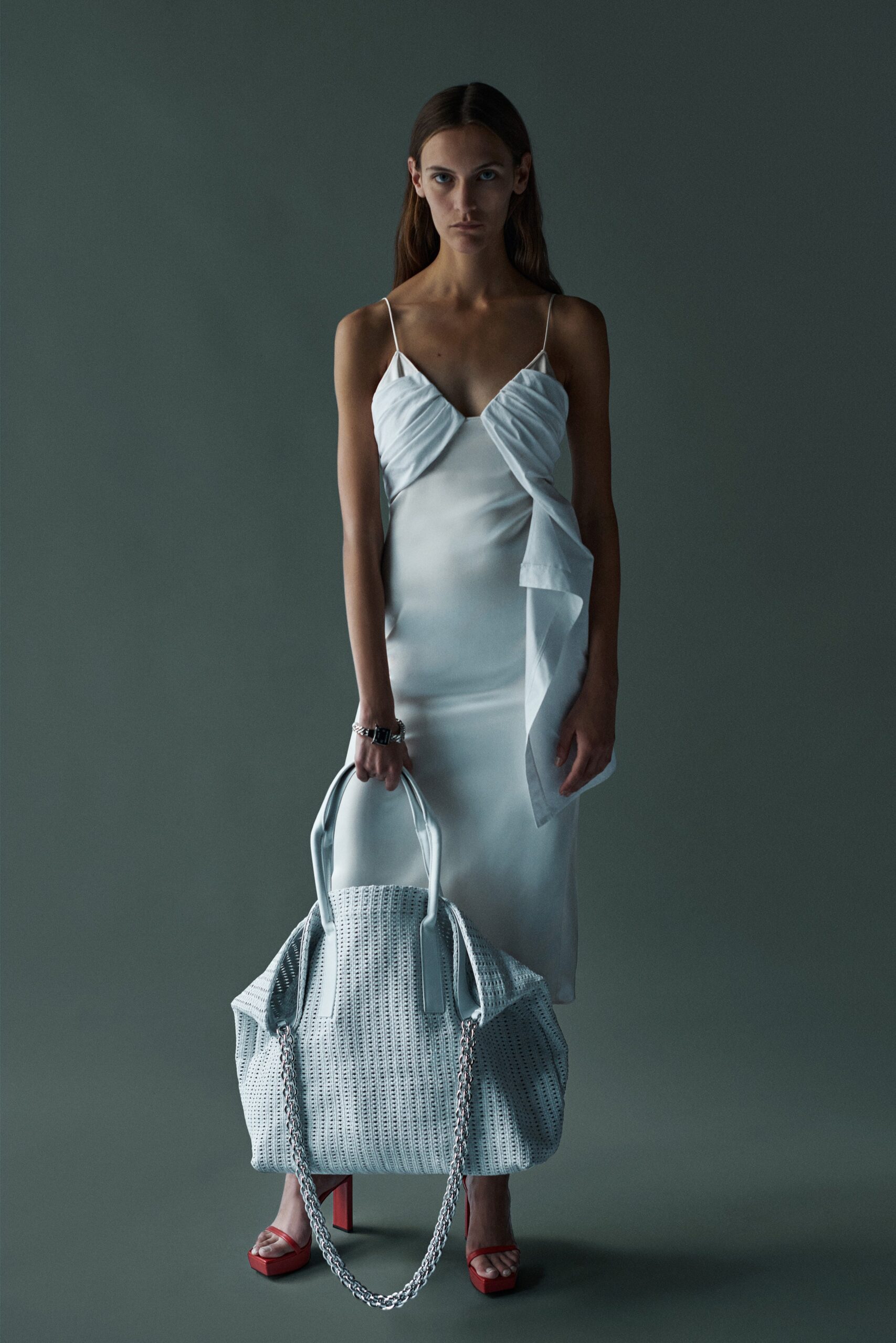 white silk fitted dress