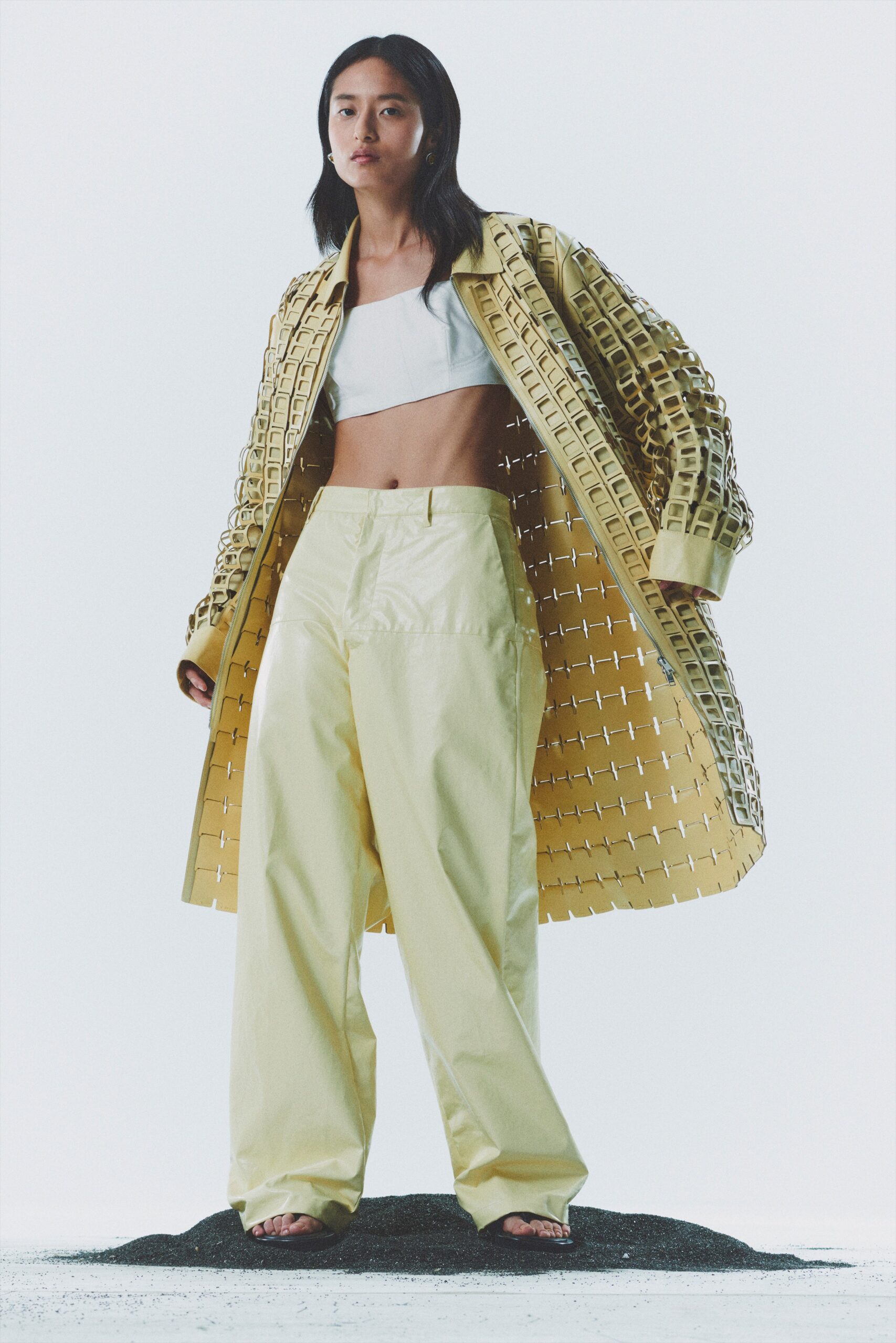 yellow coat with crop top
