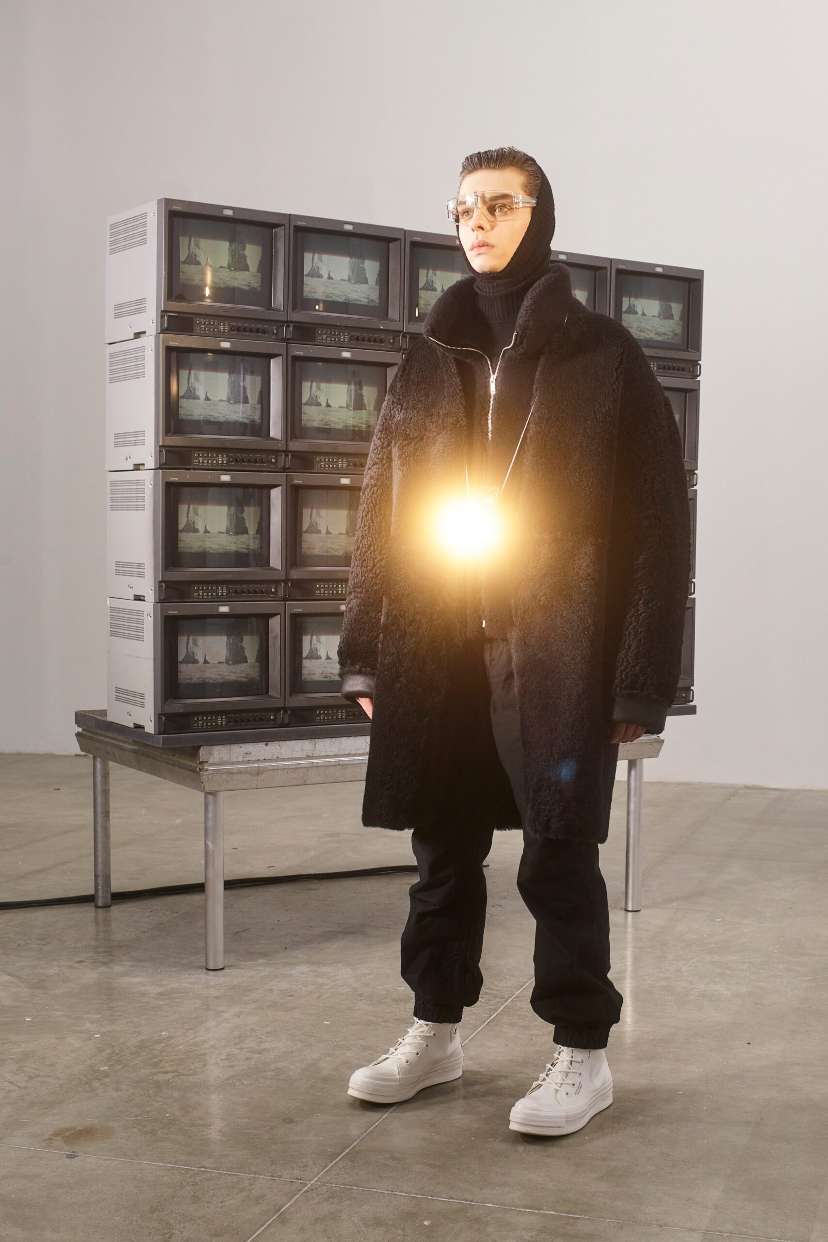 black faux-fur coat with fitted top