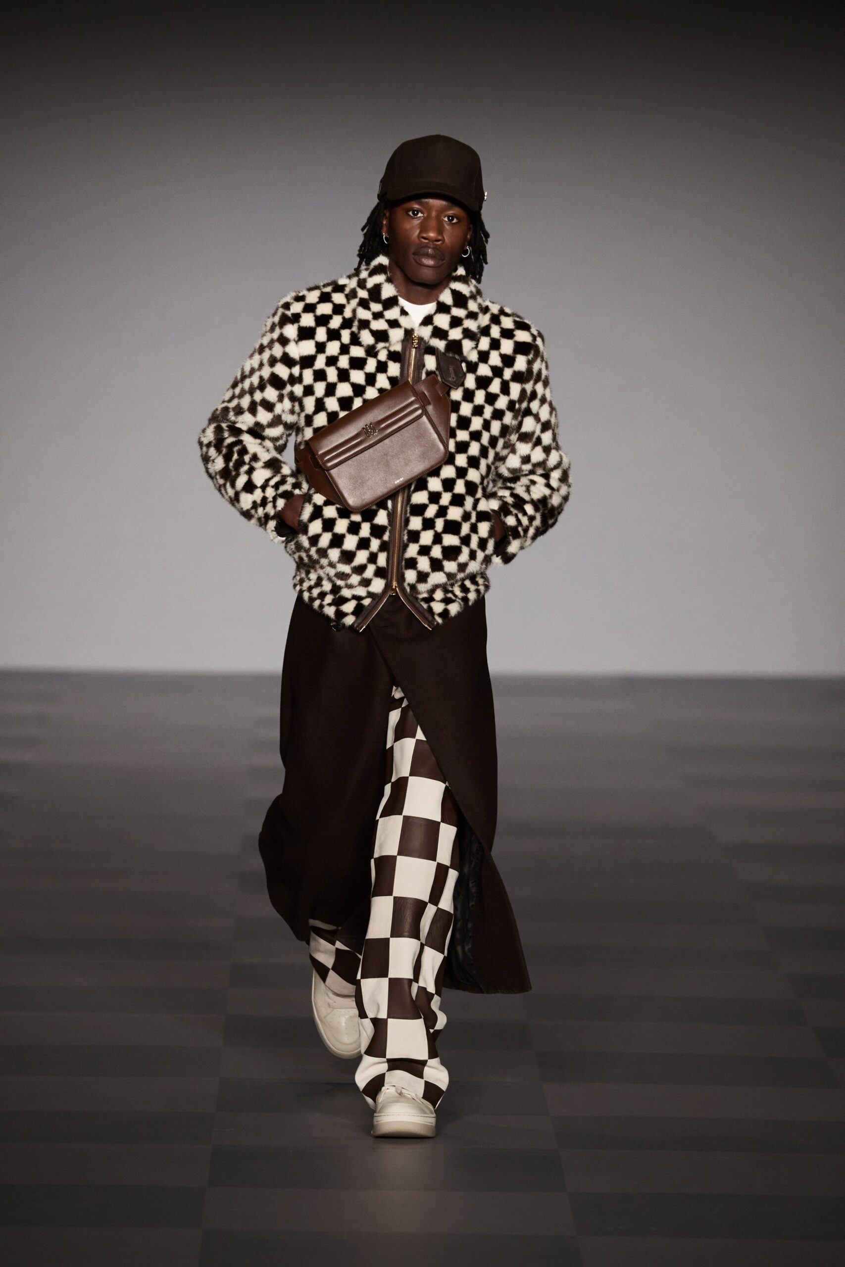 checked faux-fur jacket with asymmetric skirt