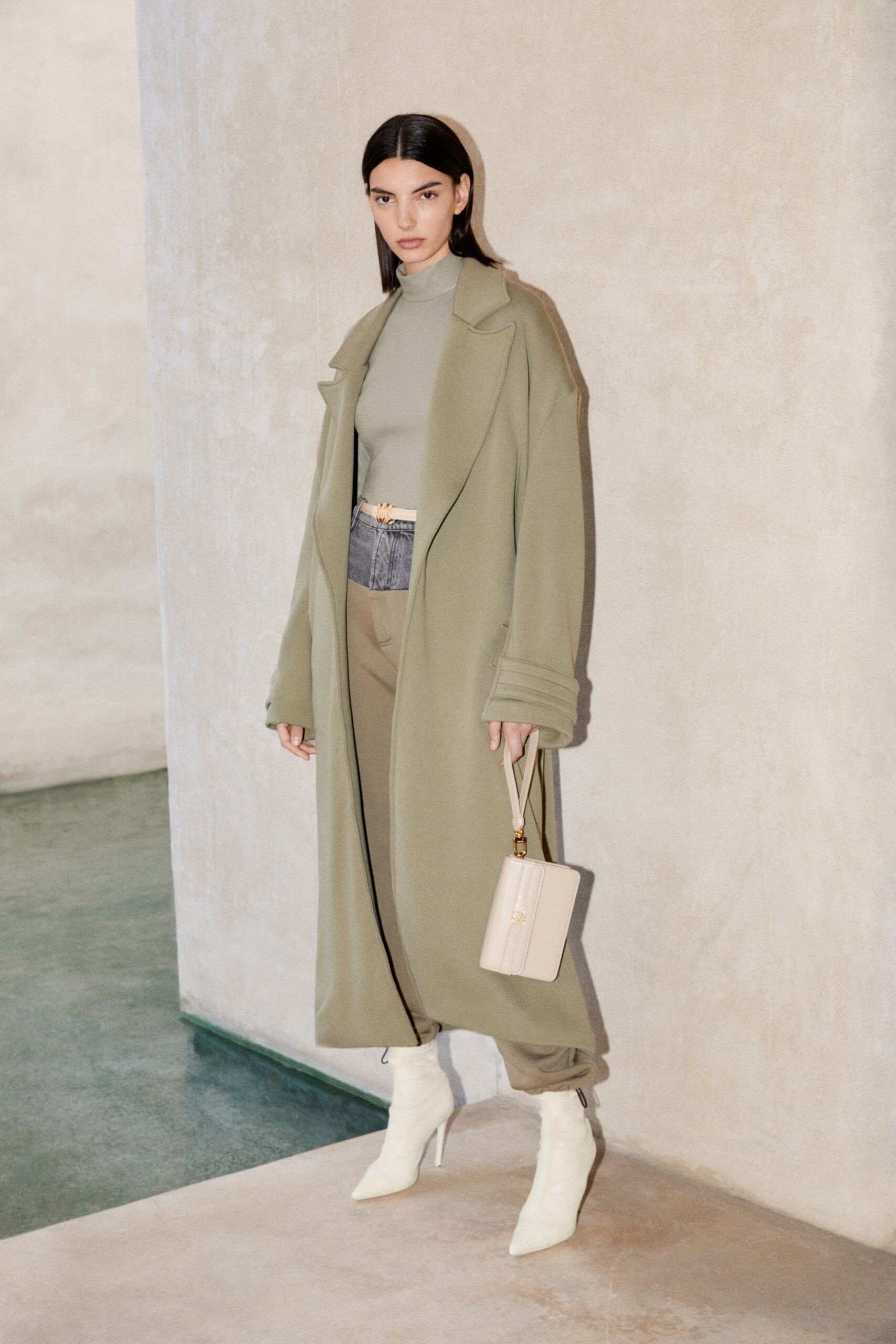 oversized green coat with fitted top