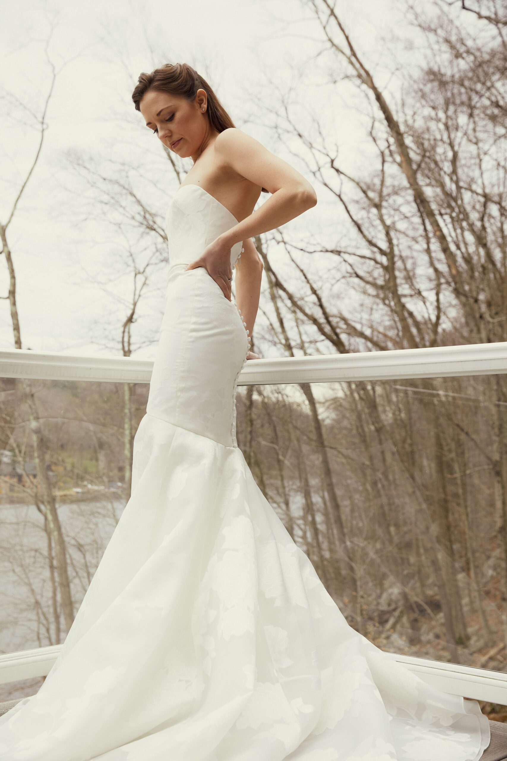 white silk strapless gown