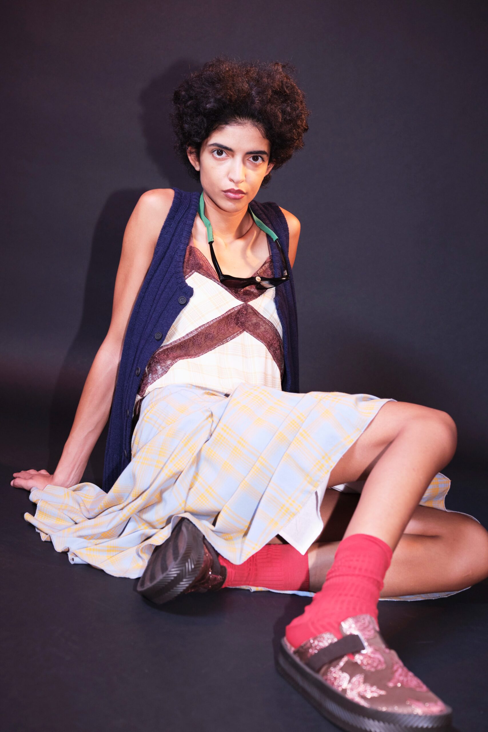 white checked midi dress with navy vest