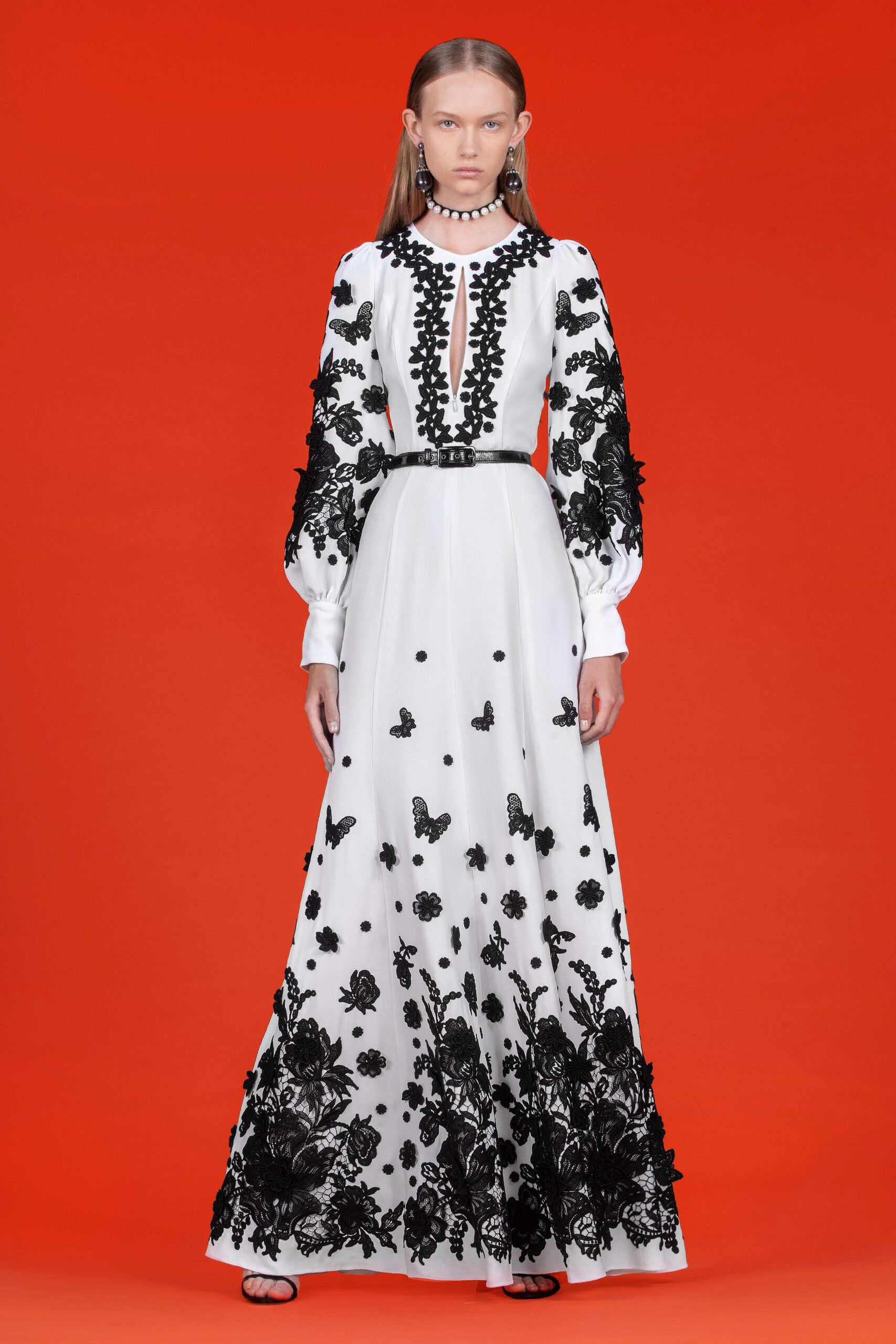 white and black embroidered gown