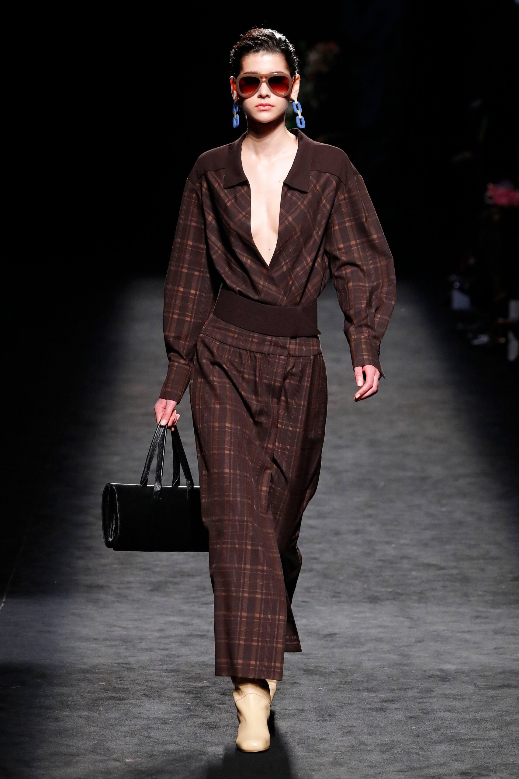 brown plaid jumpsuit with accessories