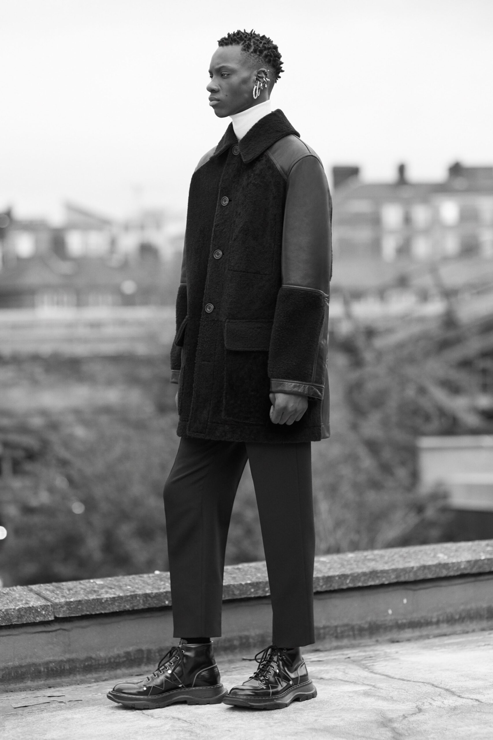 black wool coat with tailored pants