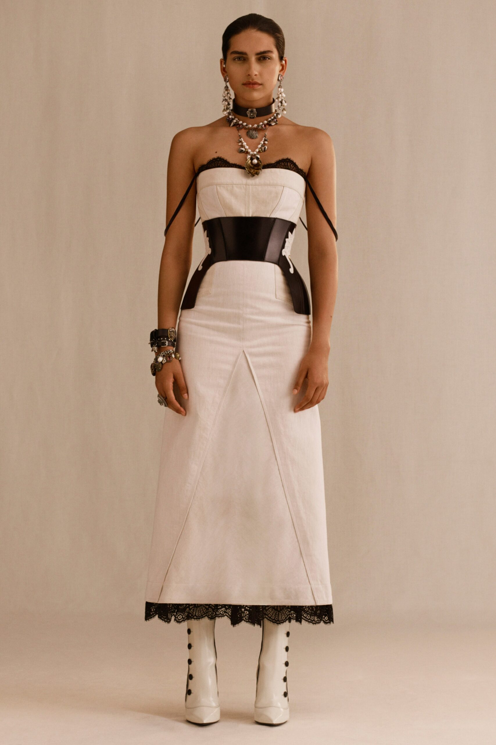 white and black strapless dress