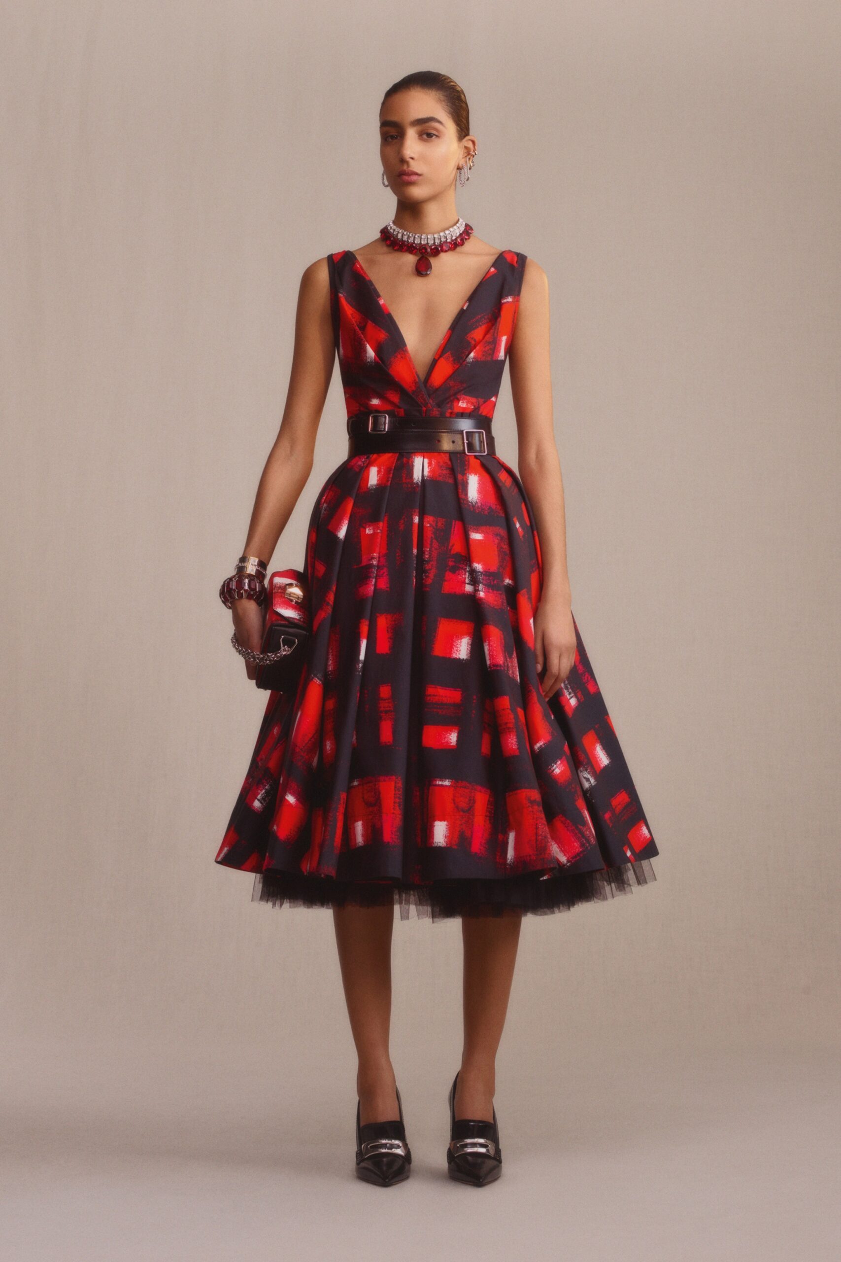 black and red silk midi dress