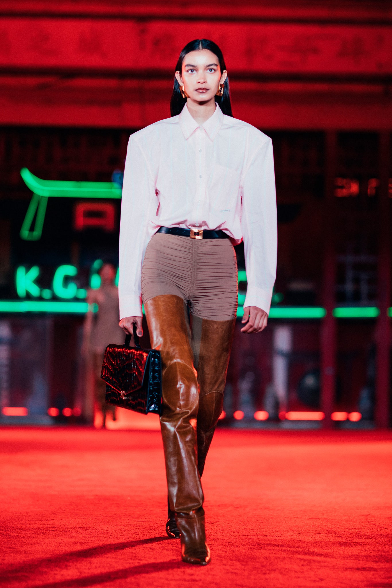 brown leather fitted straight-leg pants
