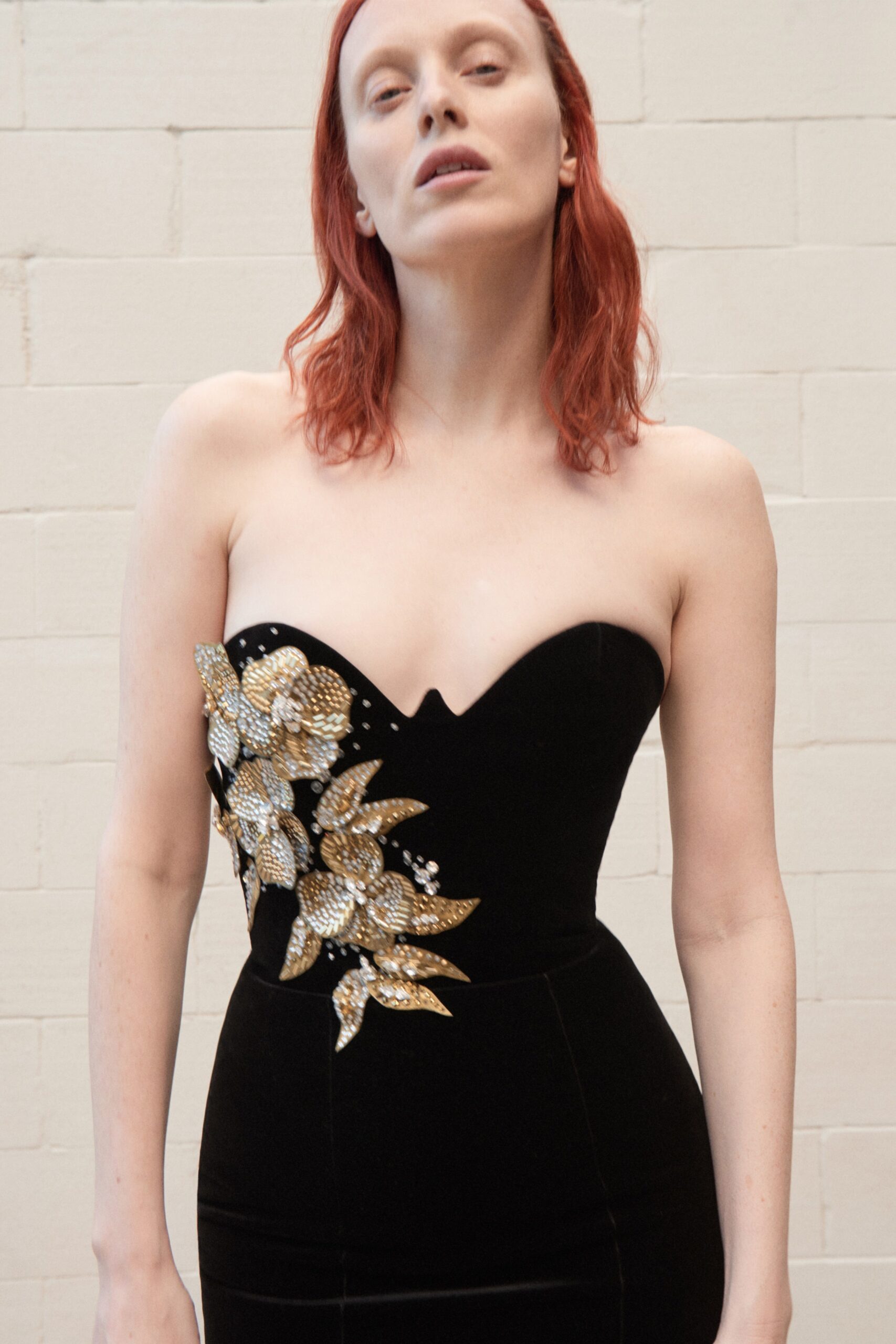 black velvet strapless gown