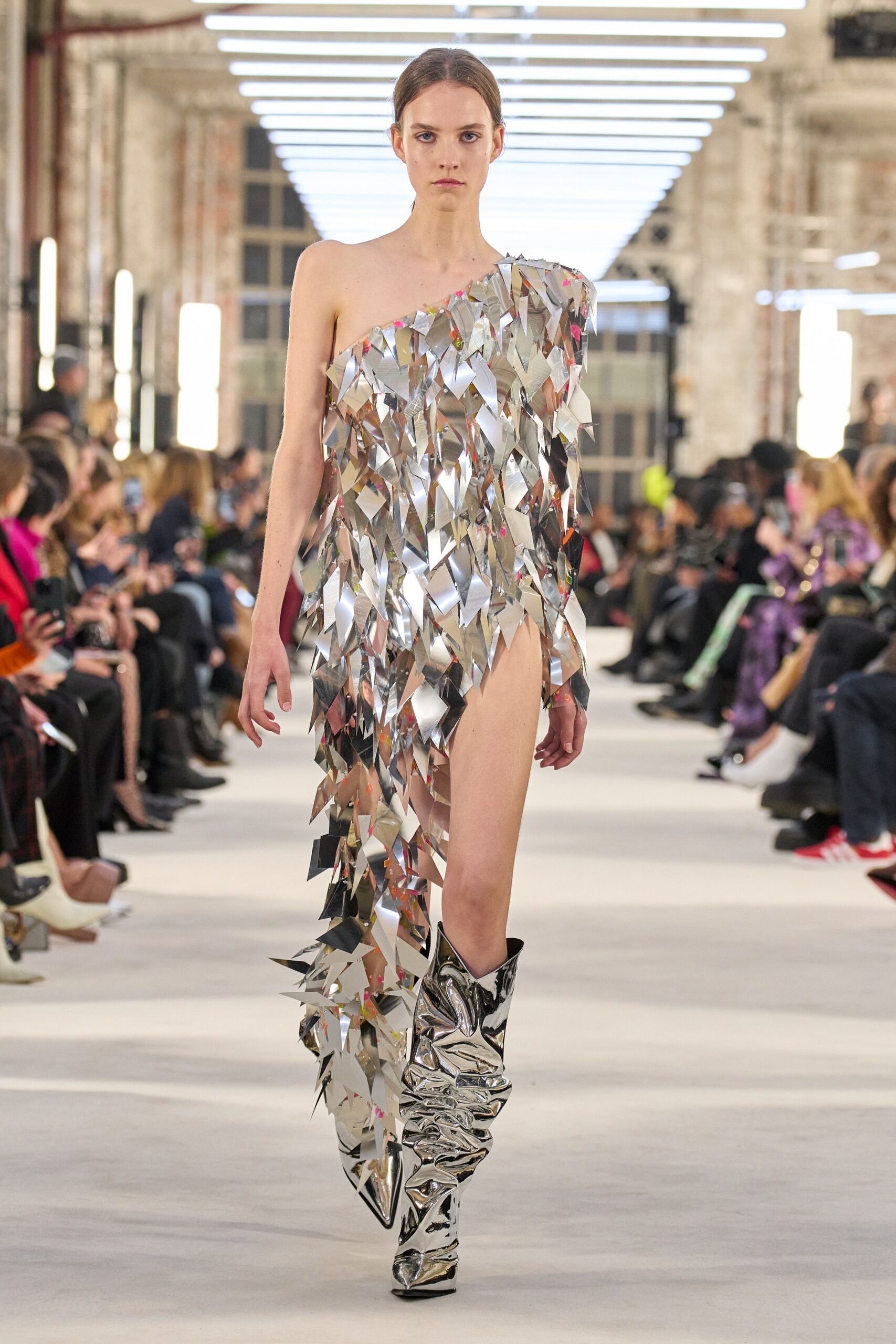gray metallic sleeveless high-neck fitted fringed shiny dress