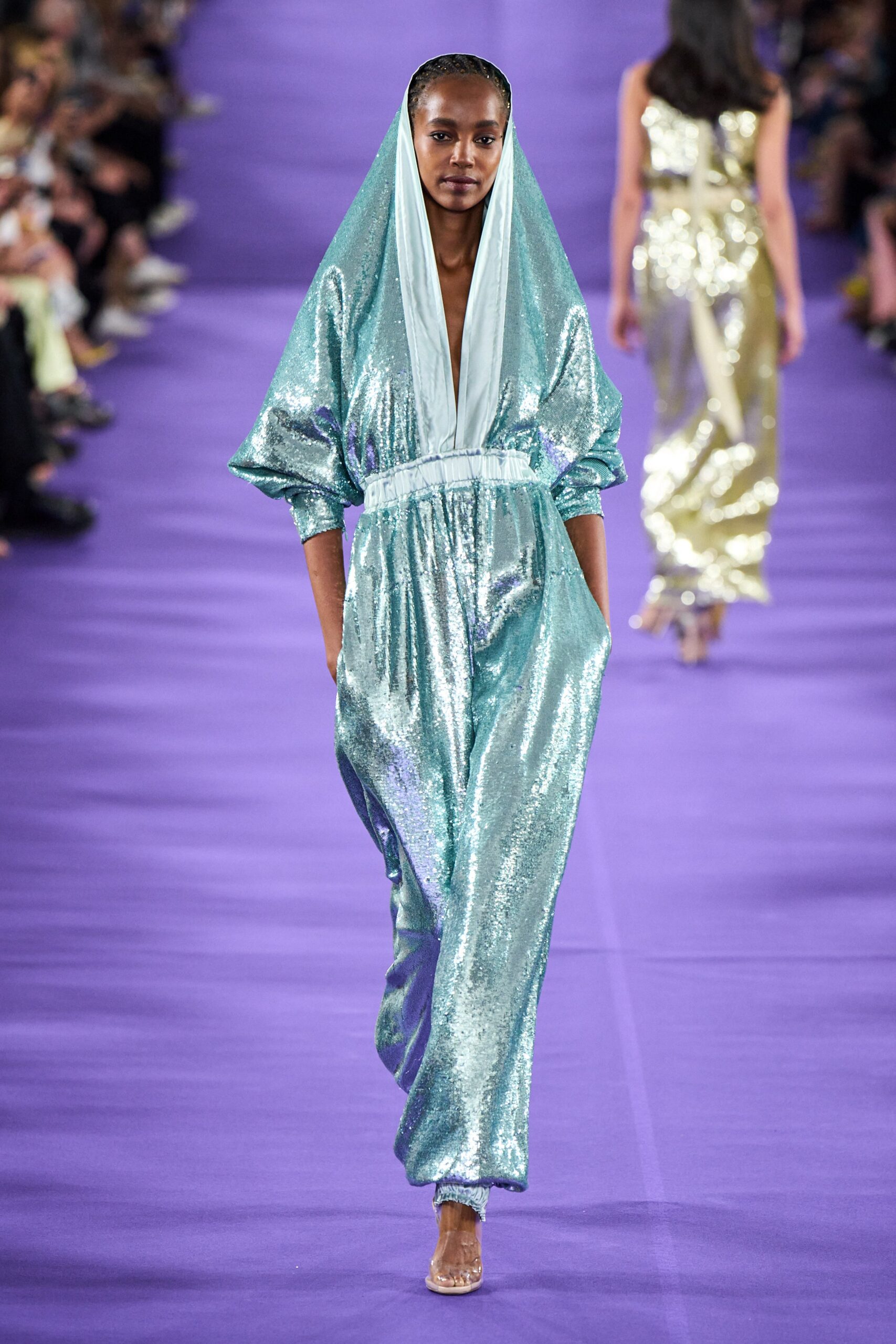 aqua sequin hooded jumpsuit