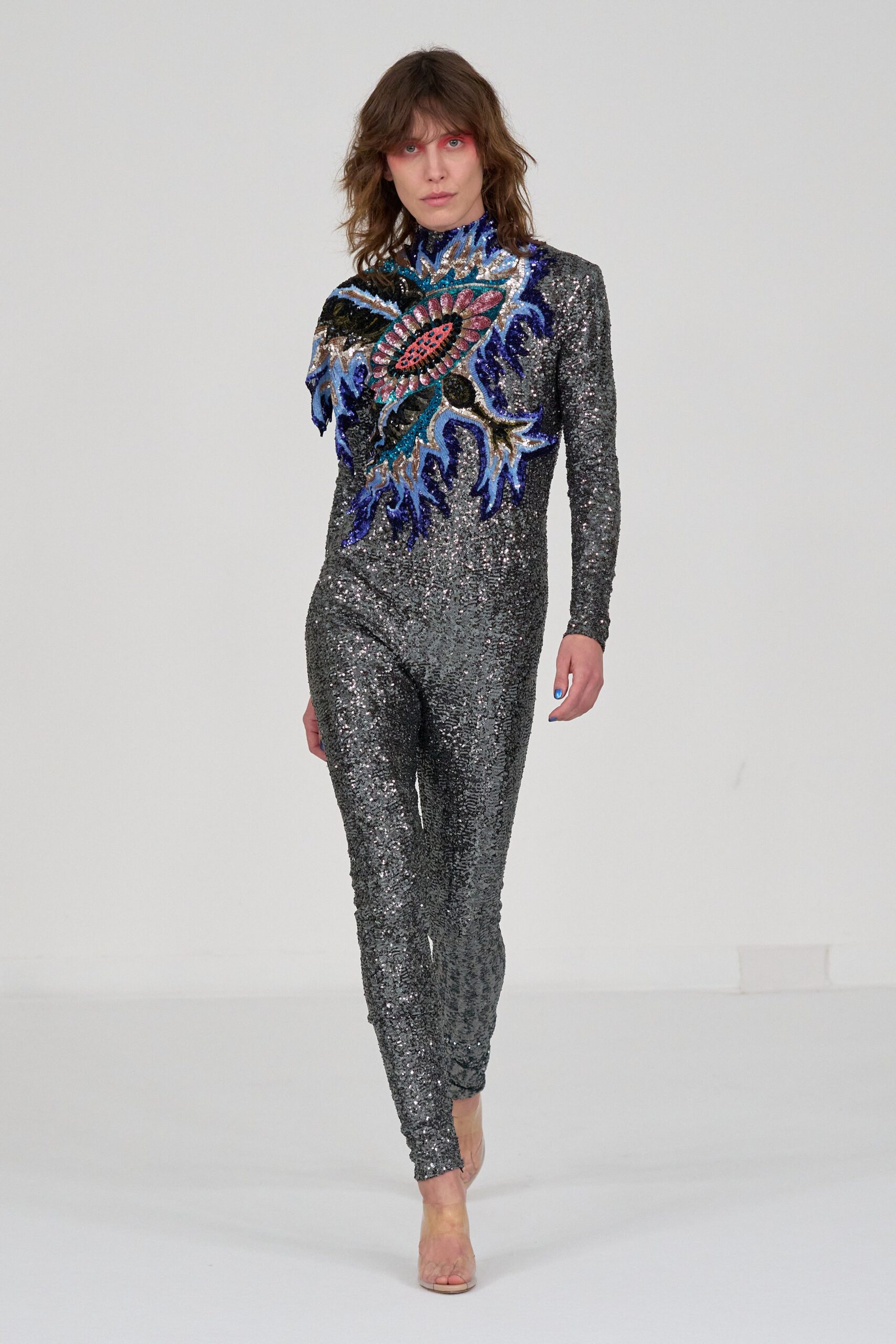 gray sequin fitted catsuit