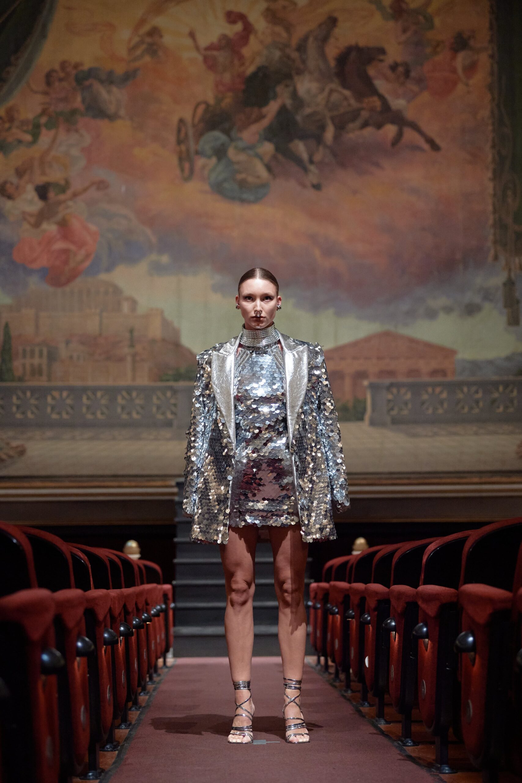 gray sequin long-sleeve collared oversized shiny jacket