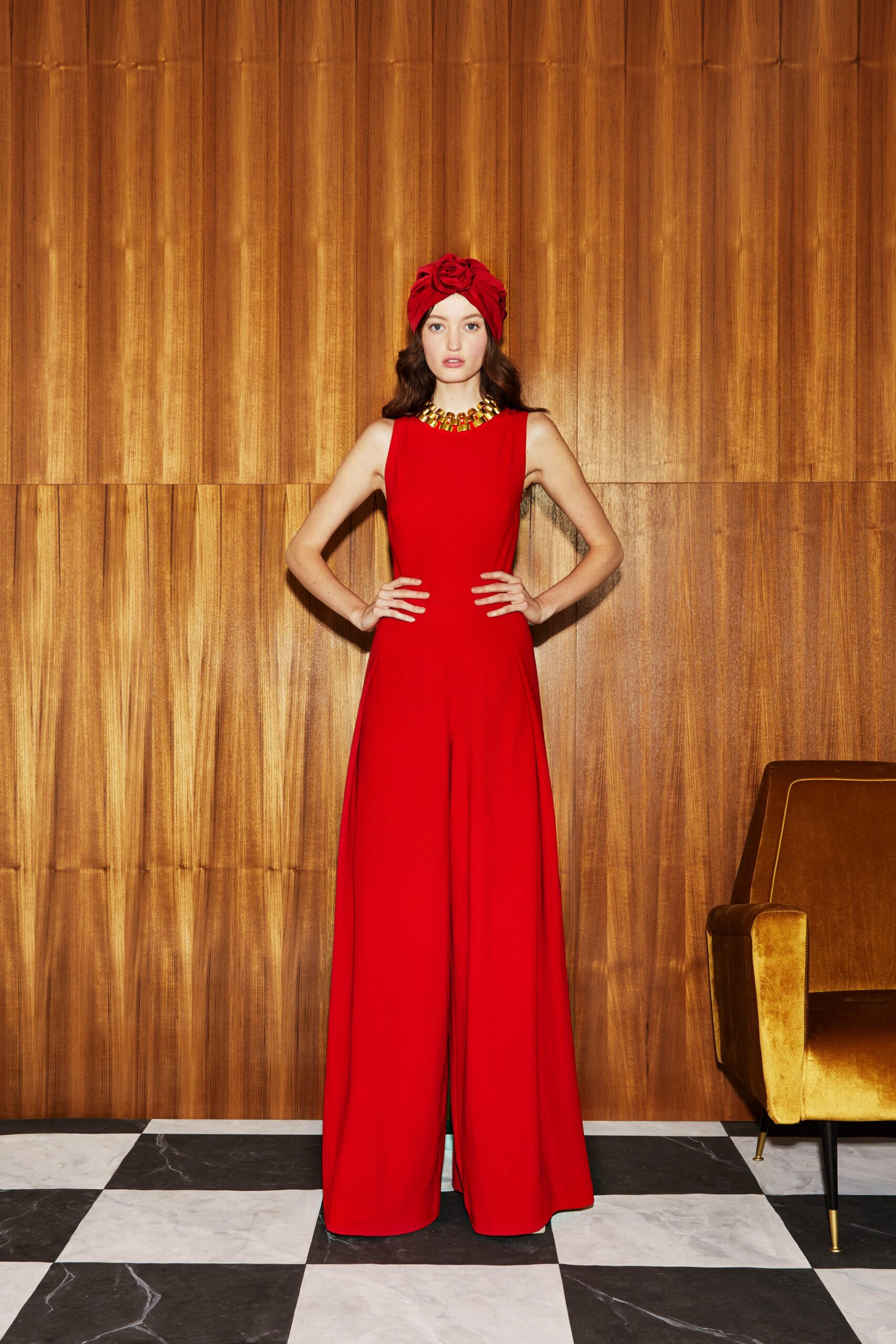 red fitted sleeveless jumpsuit