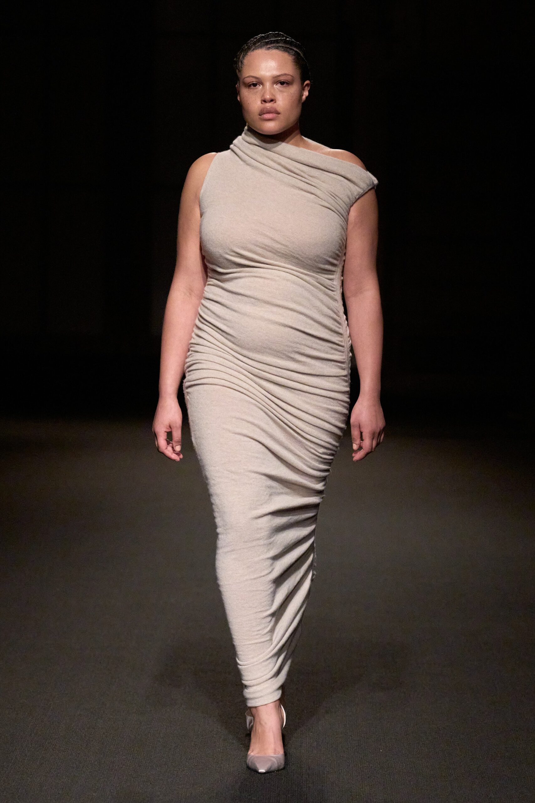 beige fitted asymmetric ruched dress