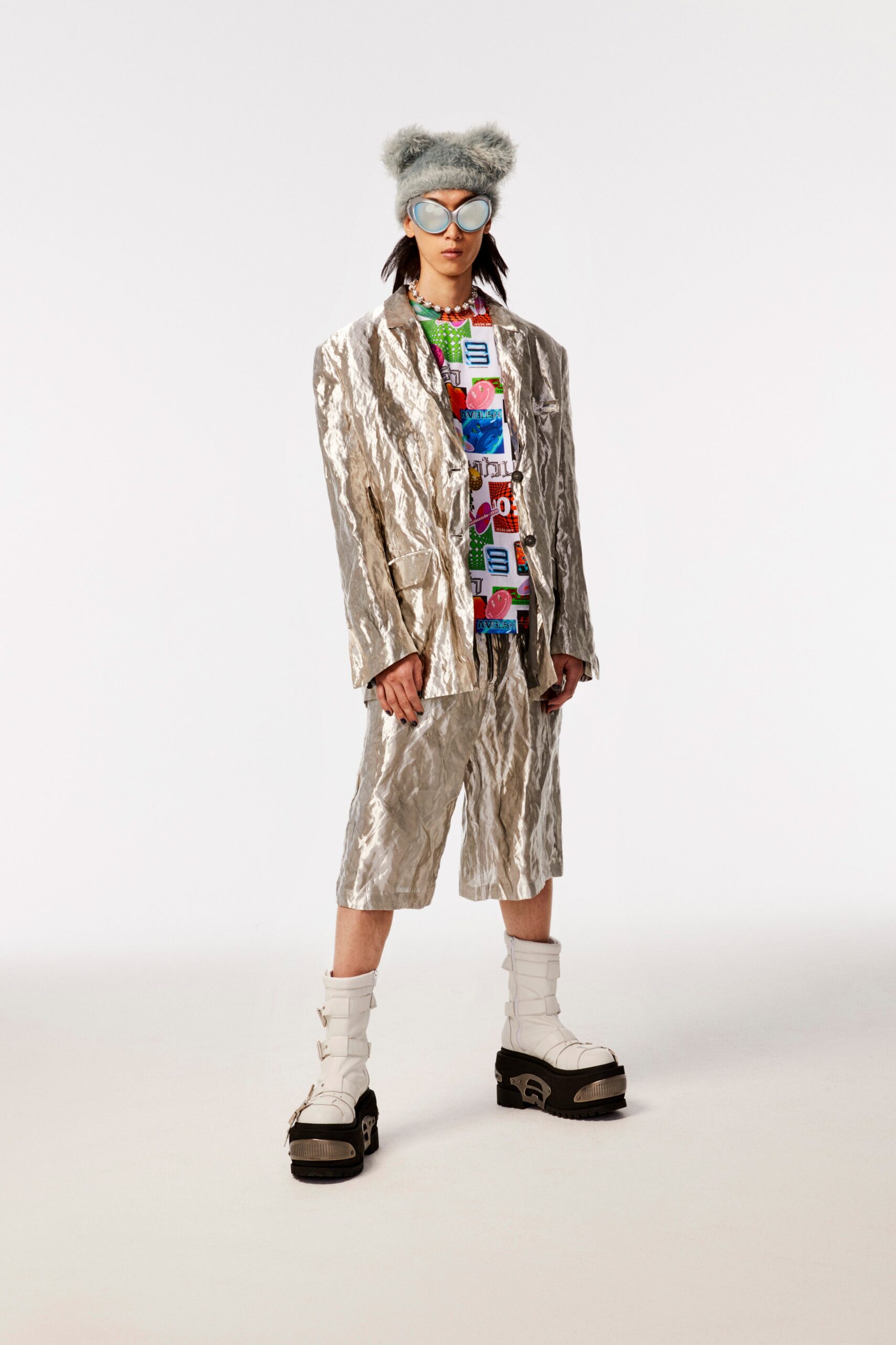 metallic blazer with printed t-shirt