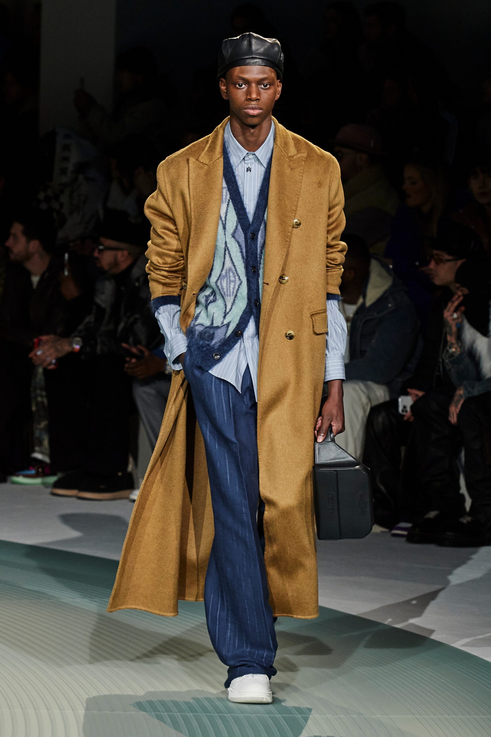 brown wool coat with blue shirt