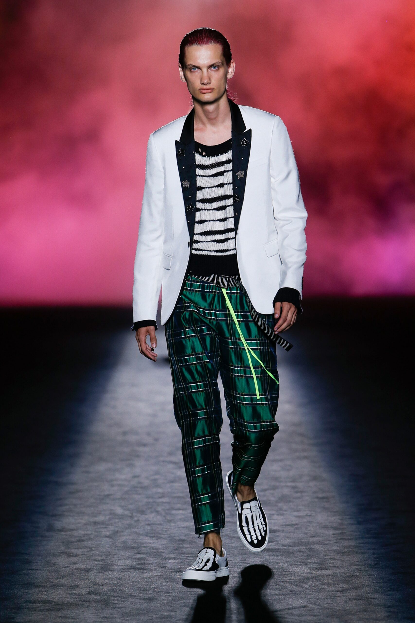 tailored white blazer with striped shirt